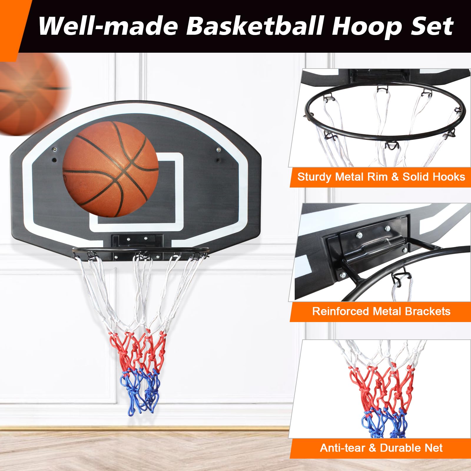 Wall-Mounted Basketball Hoop, Indoor/Outdoor 72.4CM Large Shatter-Proof Backboard, PE Black