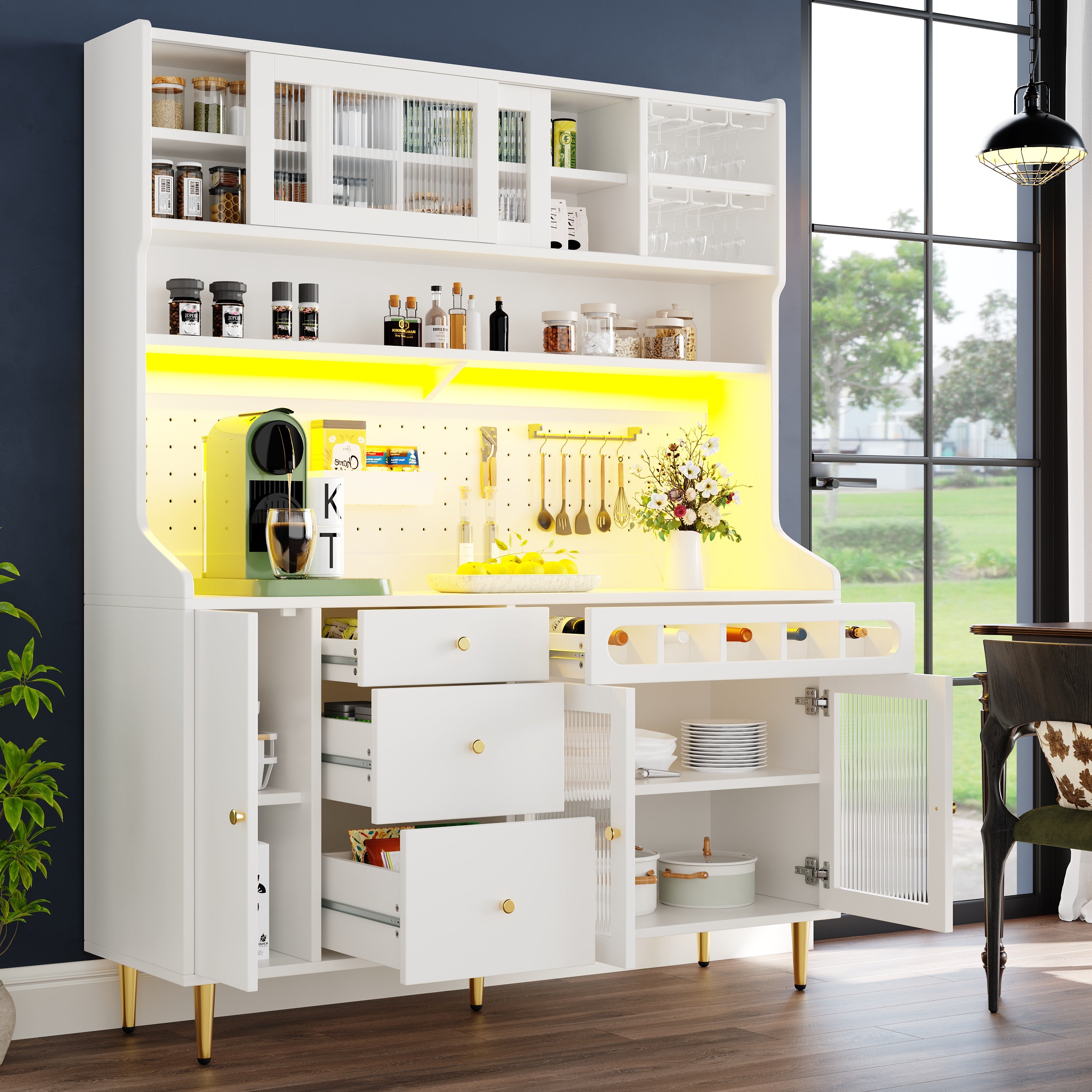 Tall Cabinet 145x39x171cm Adjustable Shelves LED Lighting Wine Rack white