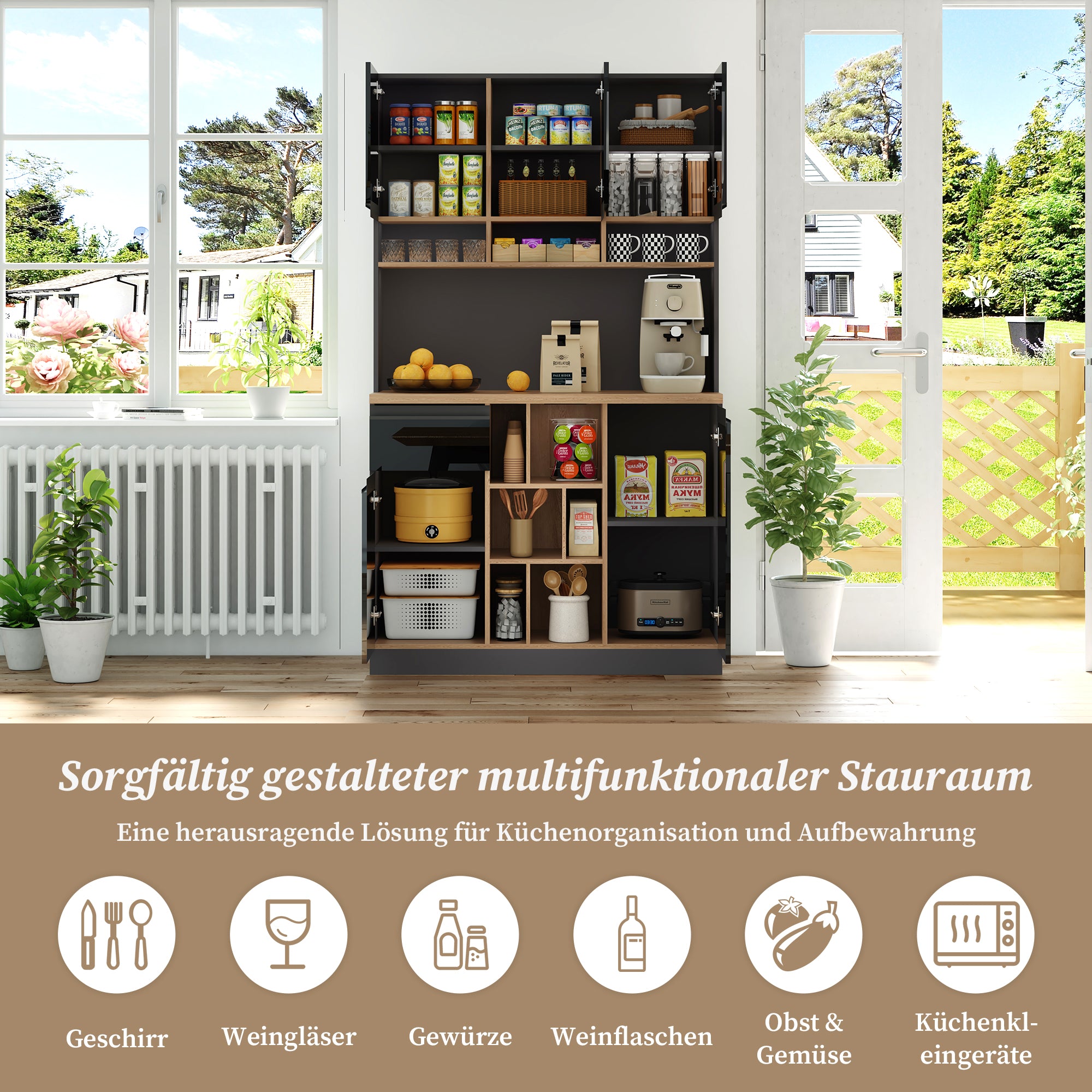 Modern Buffet Sideboard 105x185cm Adjustable Shelves Drawers - Grey/Black