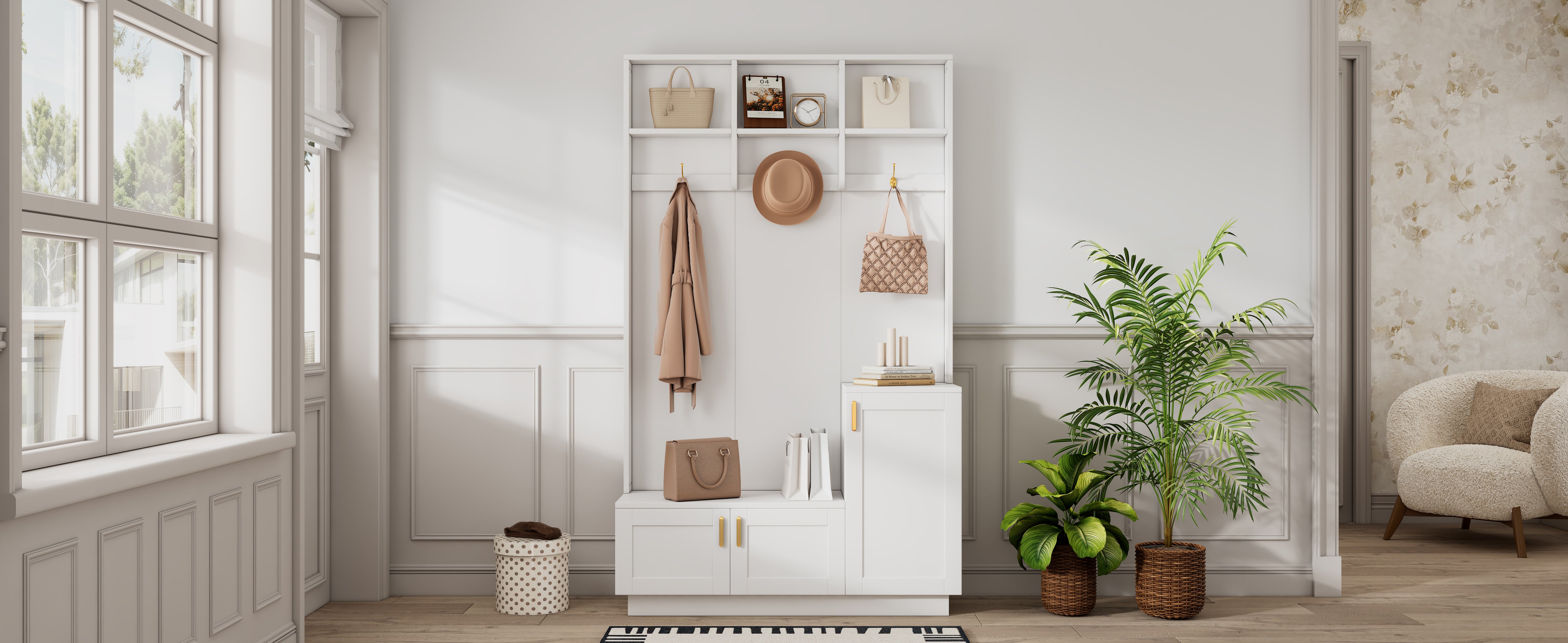 Wardrobe Set with Bench & Shoe Rack, Multifunctional Storage, White