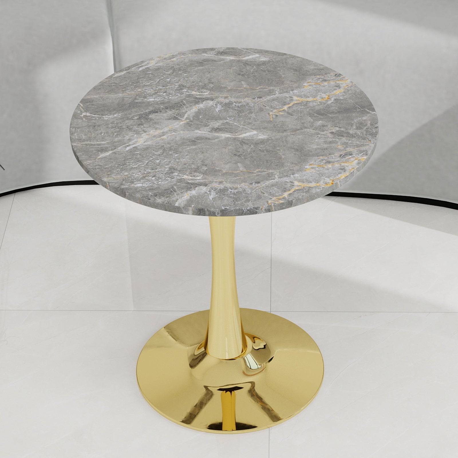 Mid-Century Modern Coffee Table Round Marble Top 27.6-inch - Gold/Gray