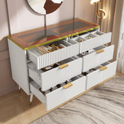 Sideboard Cabinet Dresser with 6 Drawers, Amber Glass, White