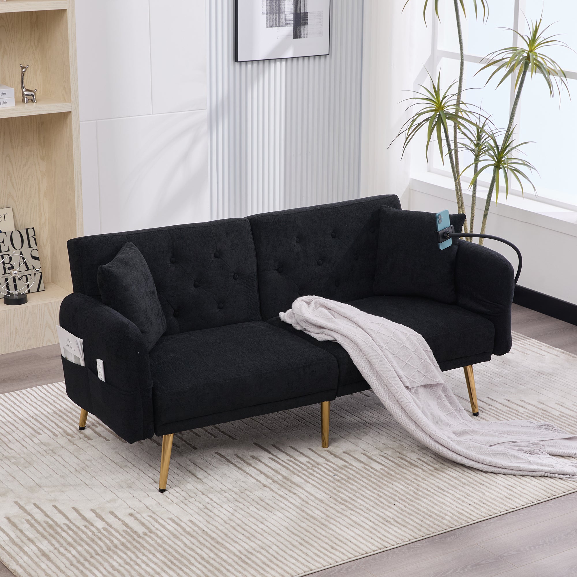 Sofa Bed, Multifunctional with USB & Holder, Metal Legs