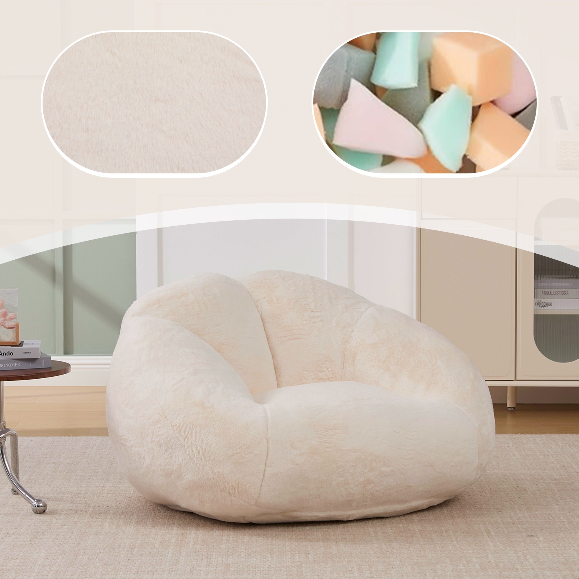 Soft Plush Beanbag Sofa with Non-Slip Base and Memory Foam, White Artificial Rabbit Fur