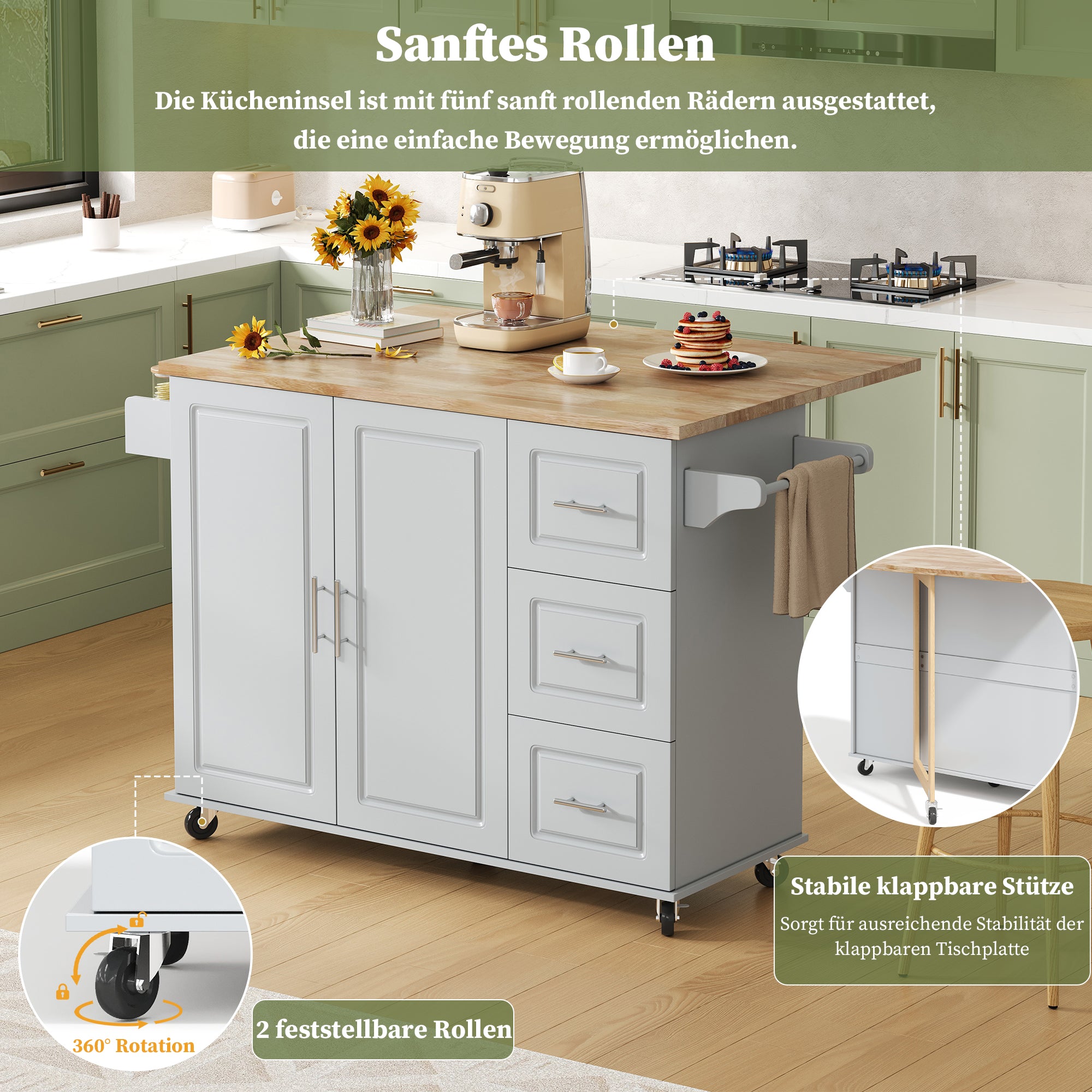 Mobile Kitchen Table with Foldable Design and 3 Drawers, Oak Worktop