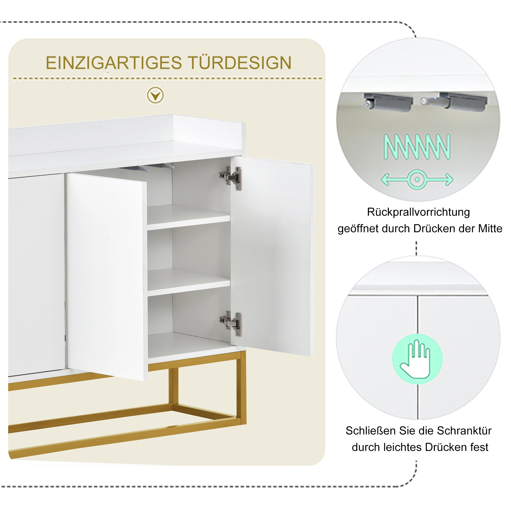 Sideboard, Minimalist 4-Door Handleless Buffet Cabinet, White