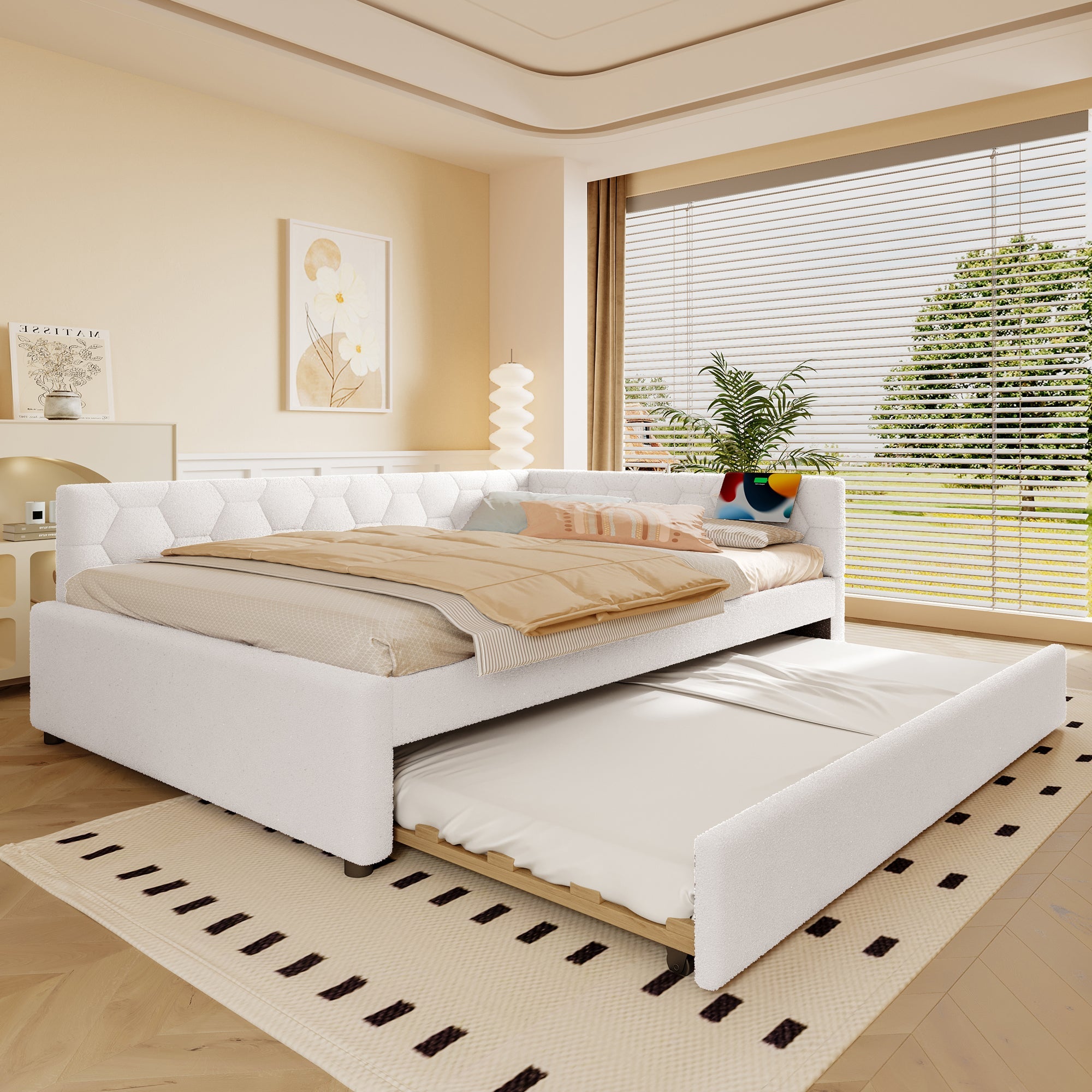 Daybed 140*200cm, Sofa Bed, Bed with Slatted Frame, Pull-out Bed, USB Port, Type-C, Fleece, White