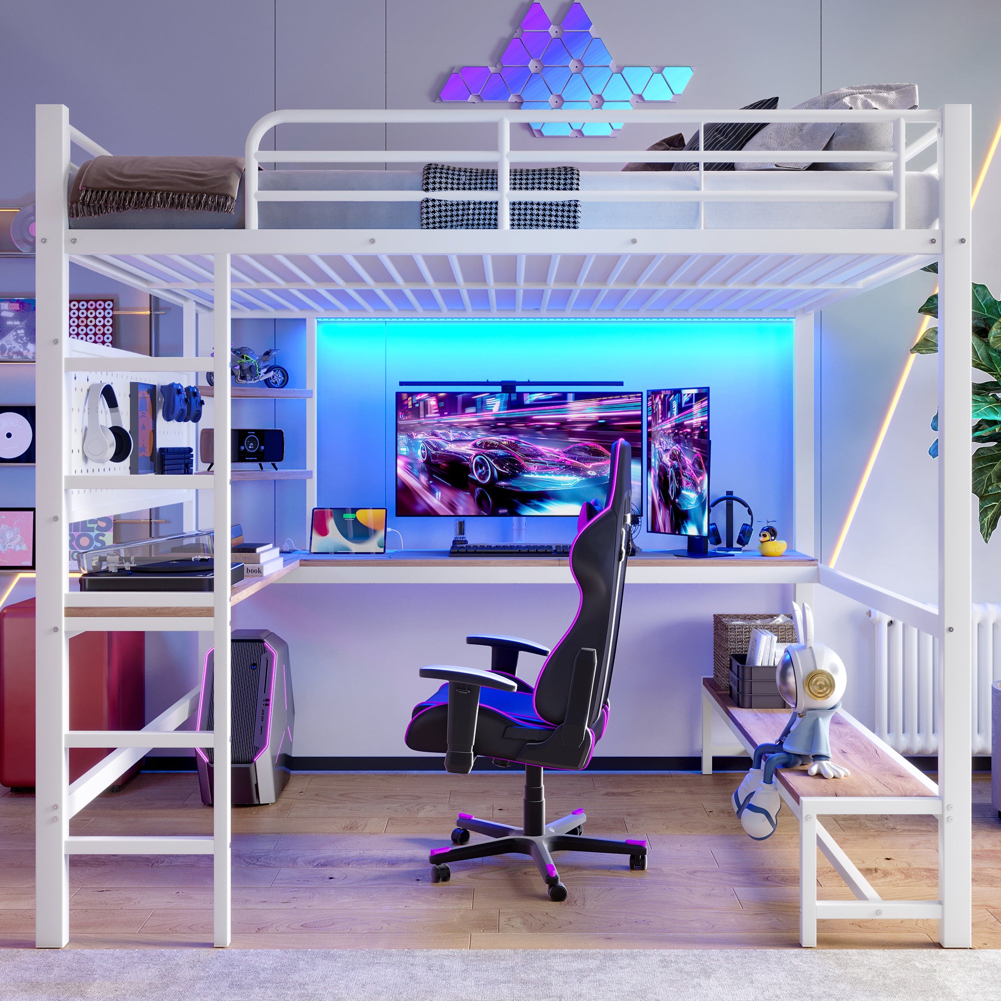 Loft Bed 140x200cm Desk Storage LED USB/Type-C Pegboard - White Iron Frame