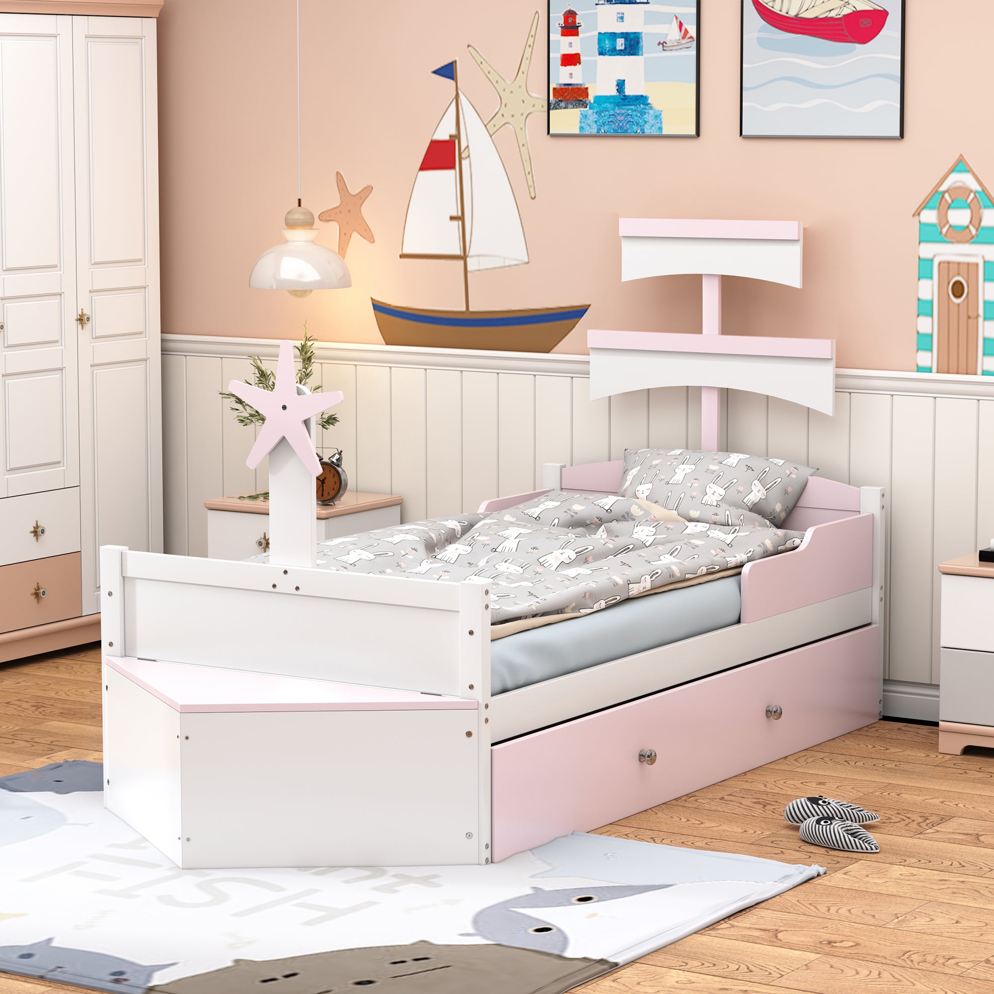 Children's Bed 90*200, Sailboat Shape with Pull-Out Bed & Storage, Pink Wood