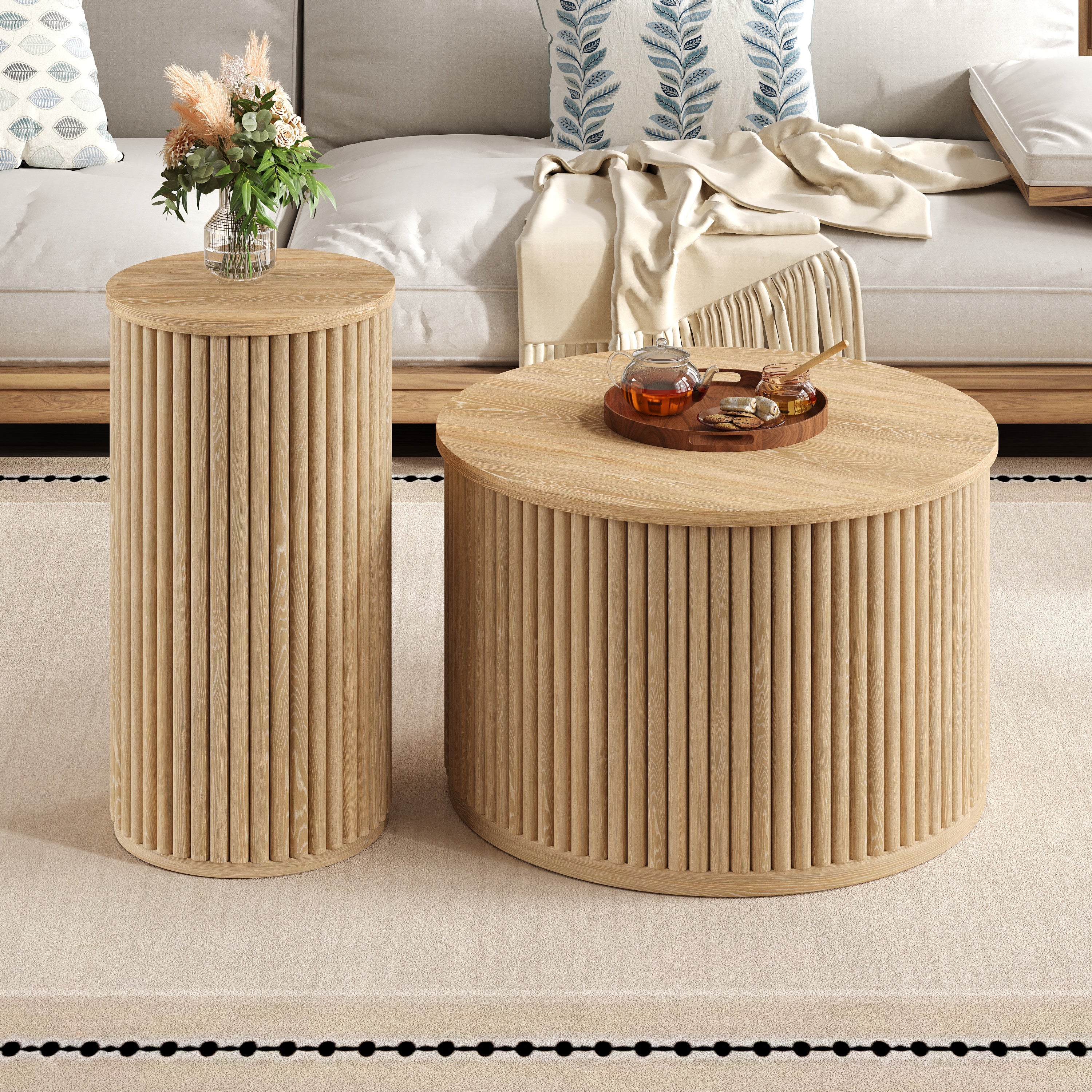 Coffee Table Double Round/Side Table Natural Wood Slats
