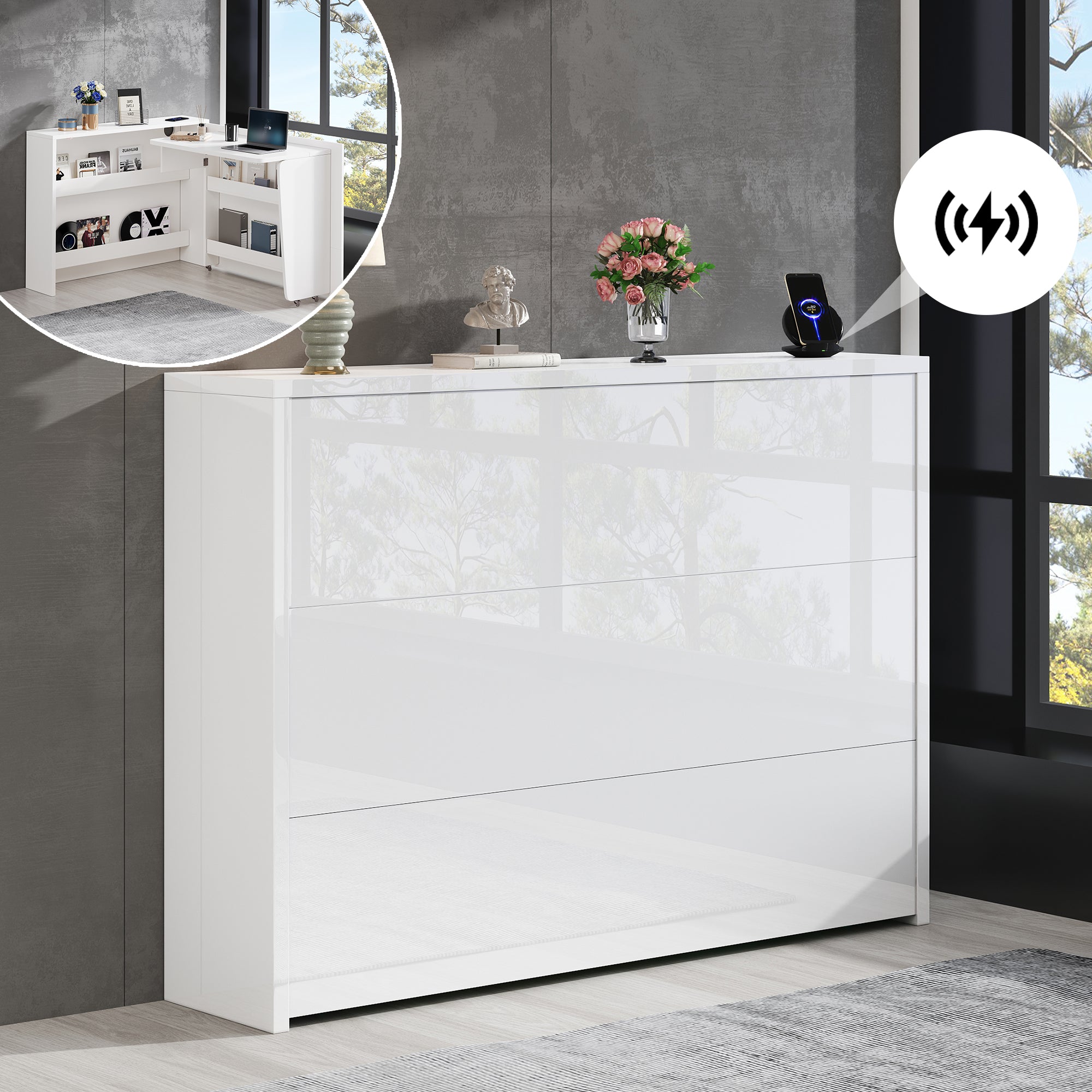 Foldable Desk, 2-in-1 Sideboard & Workstation with Wireless Charger & Wheels, White High Gloss
