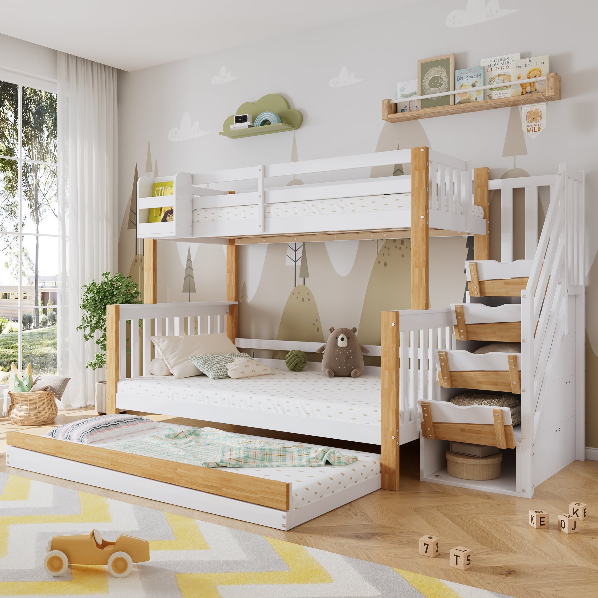 Bunk Bed, Trundle & Corner Stairs, Pine + MDF, White + Natural
