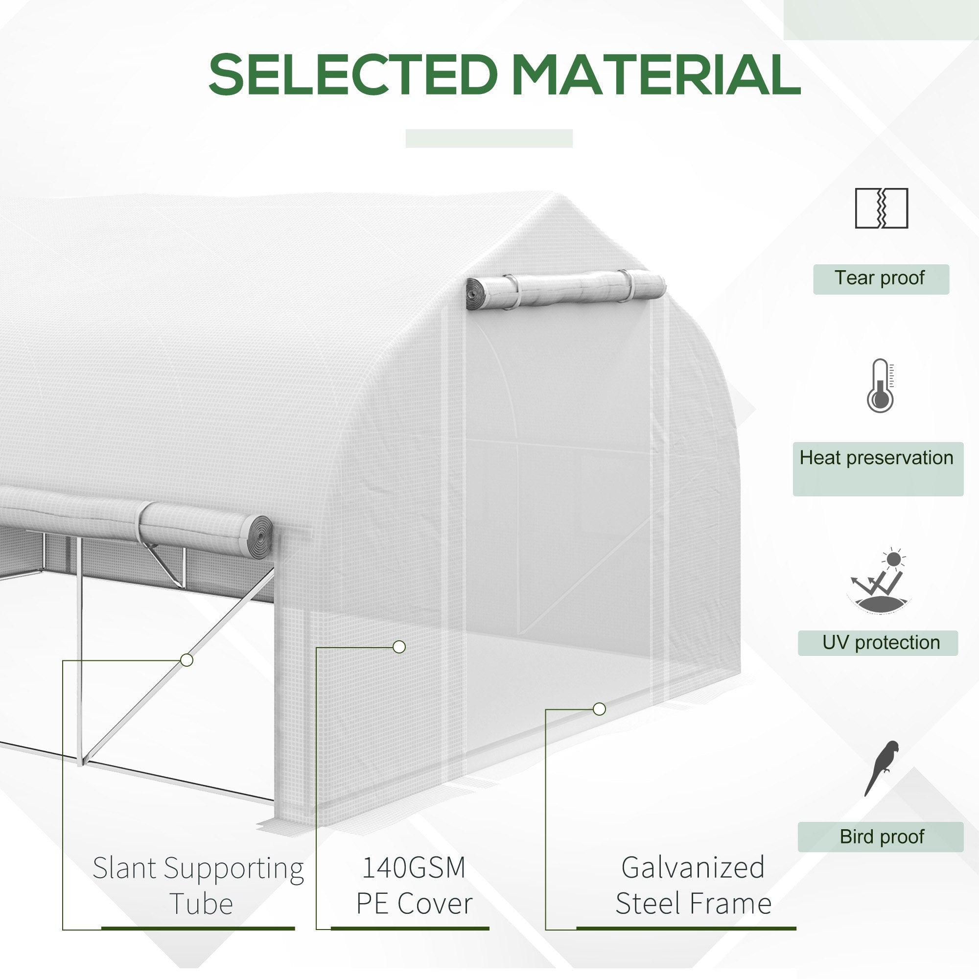 4 x 3m Walk-in Polytunnel Greenhouse, Zipped Roll Up Sidewalls, Mesh Door, 8 Mesh Windows, PE Cover, White