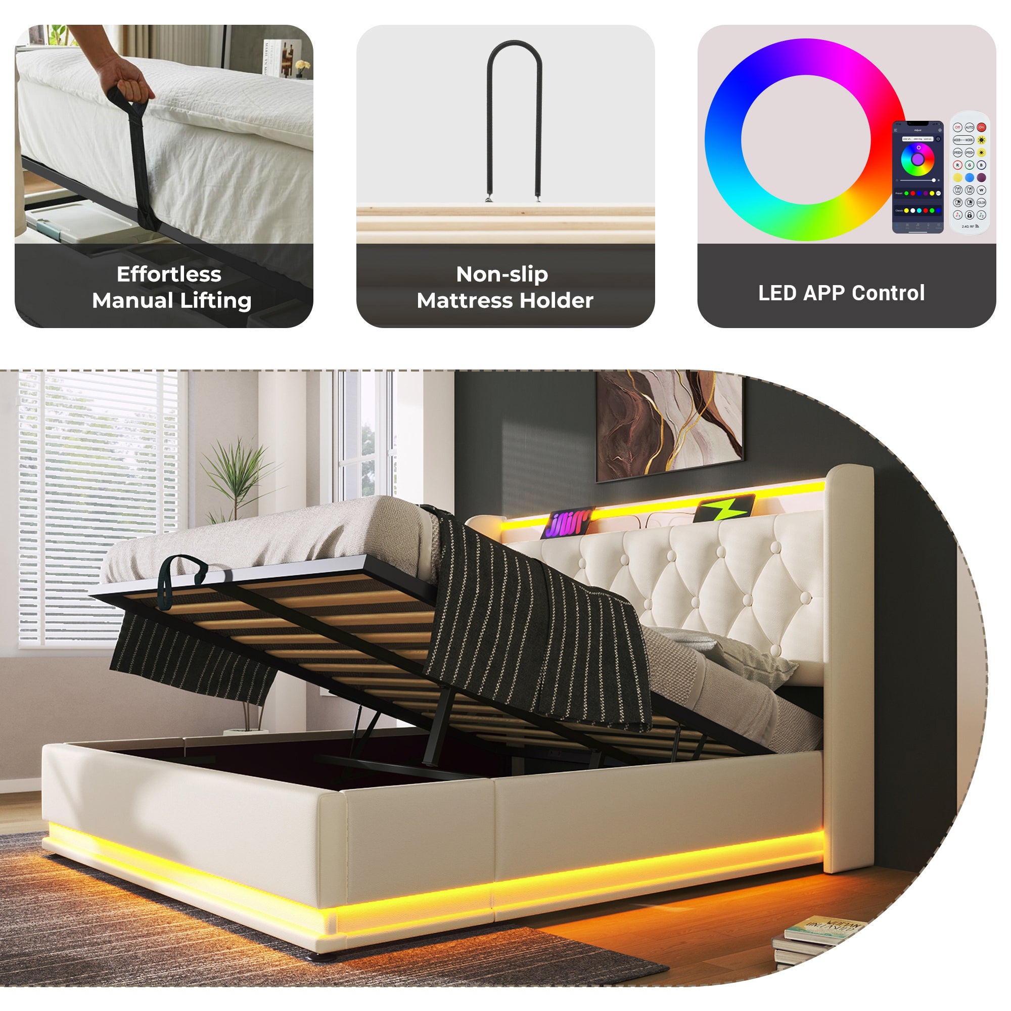 Upholstered Double Ottoman Bed with 360 Surround LED, Hydraulic Storage, Charging Function, PU, White