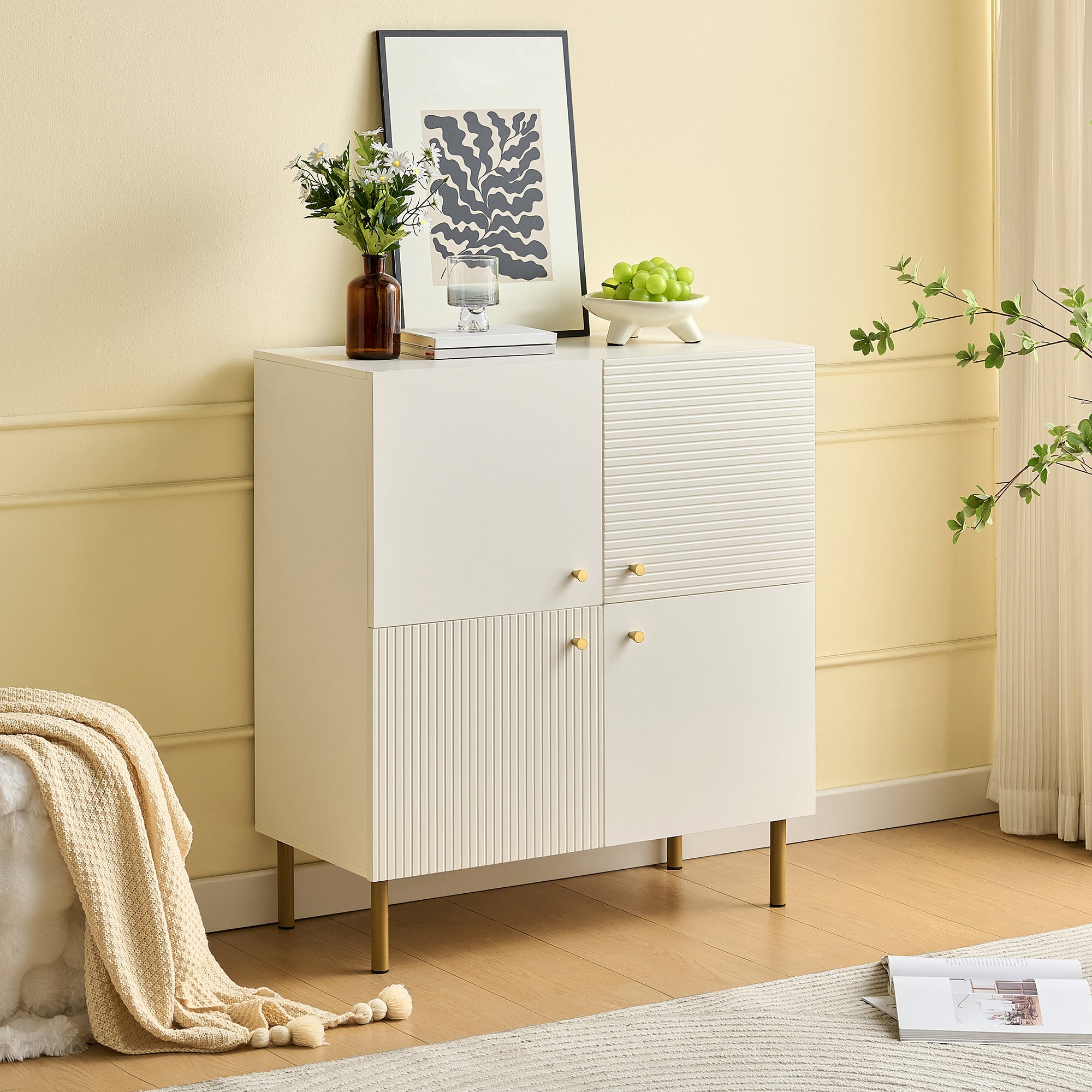 Sideboard, Modern MDF with Zinc Alloy Handles & Steel Legs, White