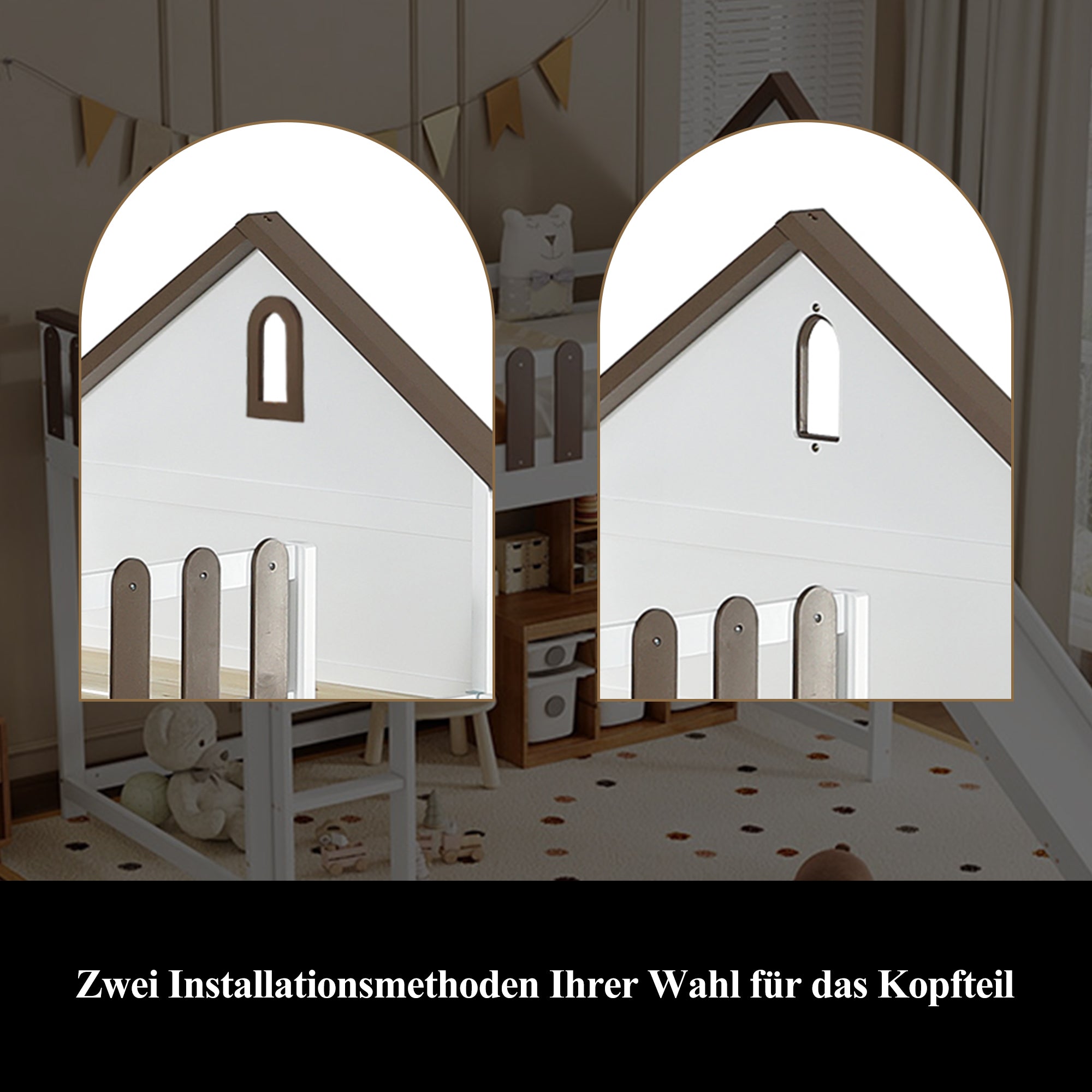 Loft Bed, Roof & Window, 3-Step Ladder, Slide, Pine+MDF, White+Walnut