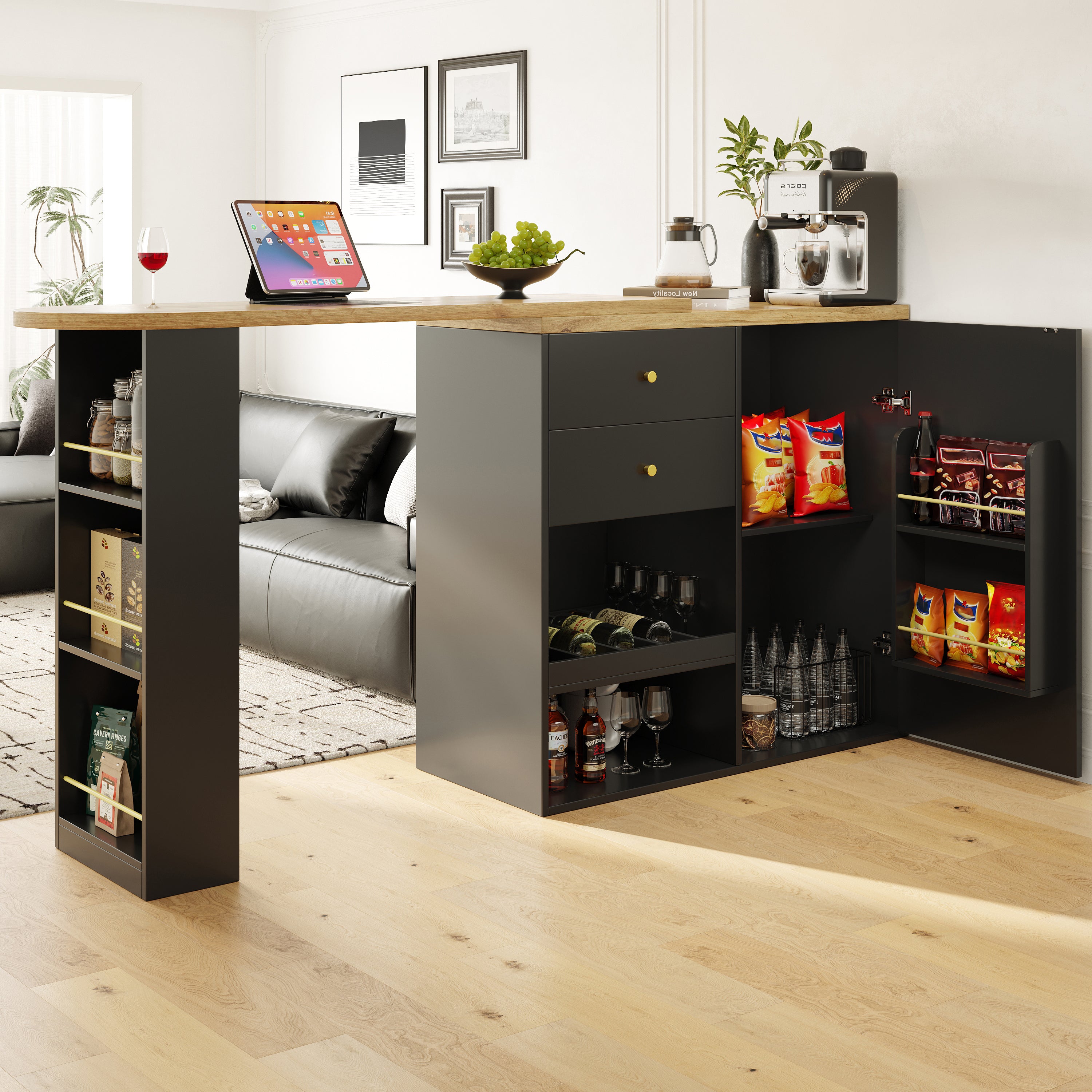 Rotating Bar Table Multifunctional Storage with 2 Drawers and Sliding Door Cabinet