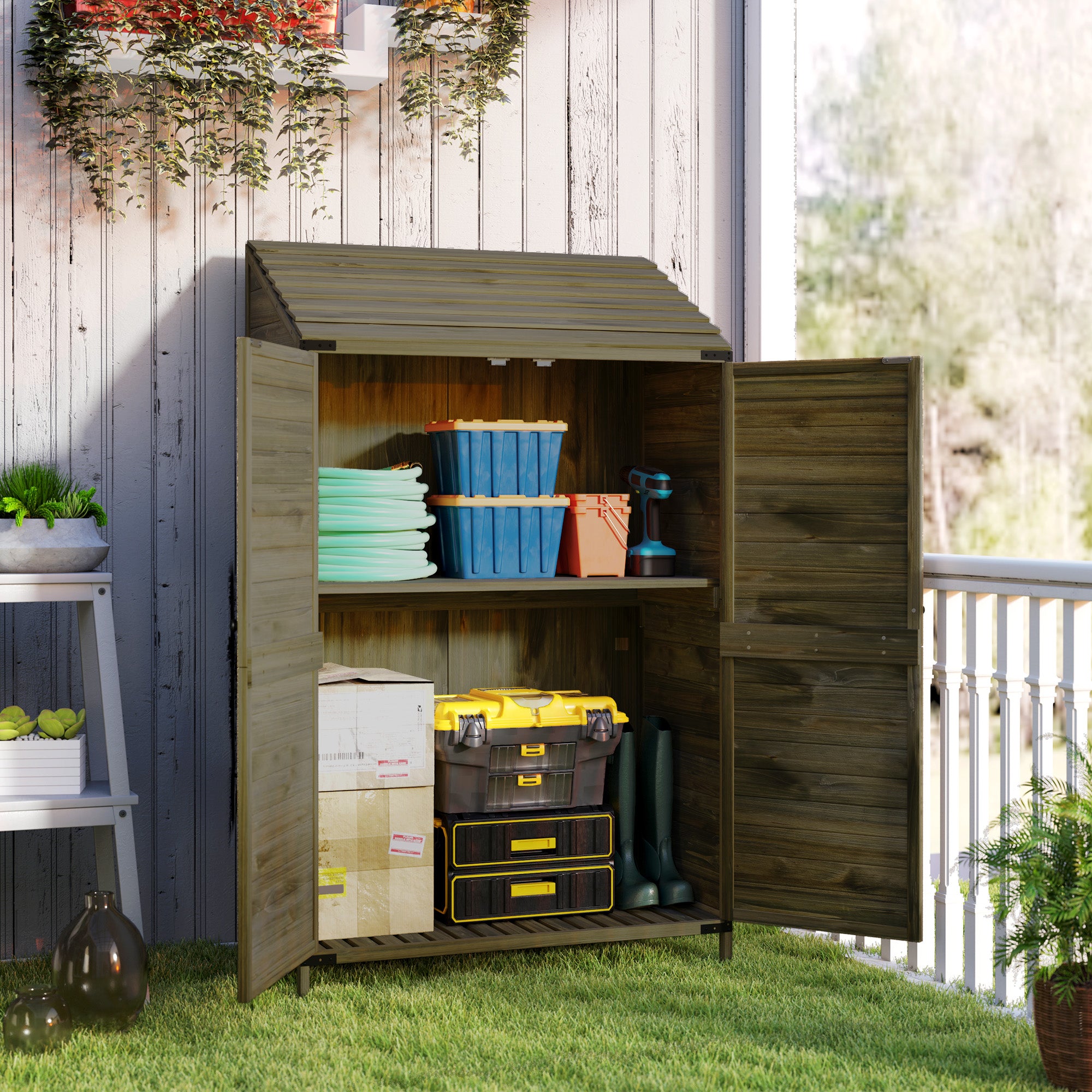 Garden Shed Two-Tier, 59 x 103.5 cm, Wooden Olive Brown