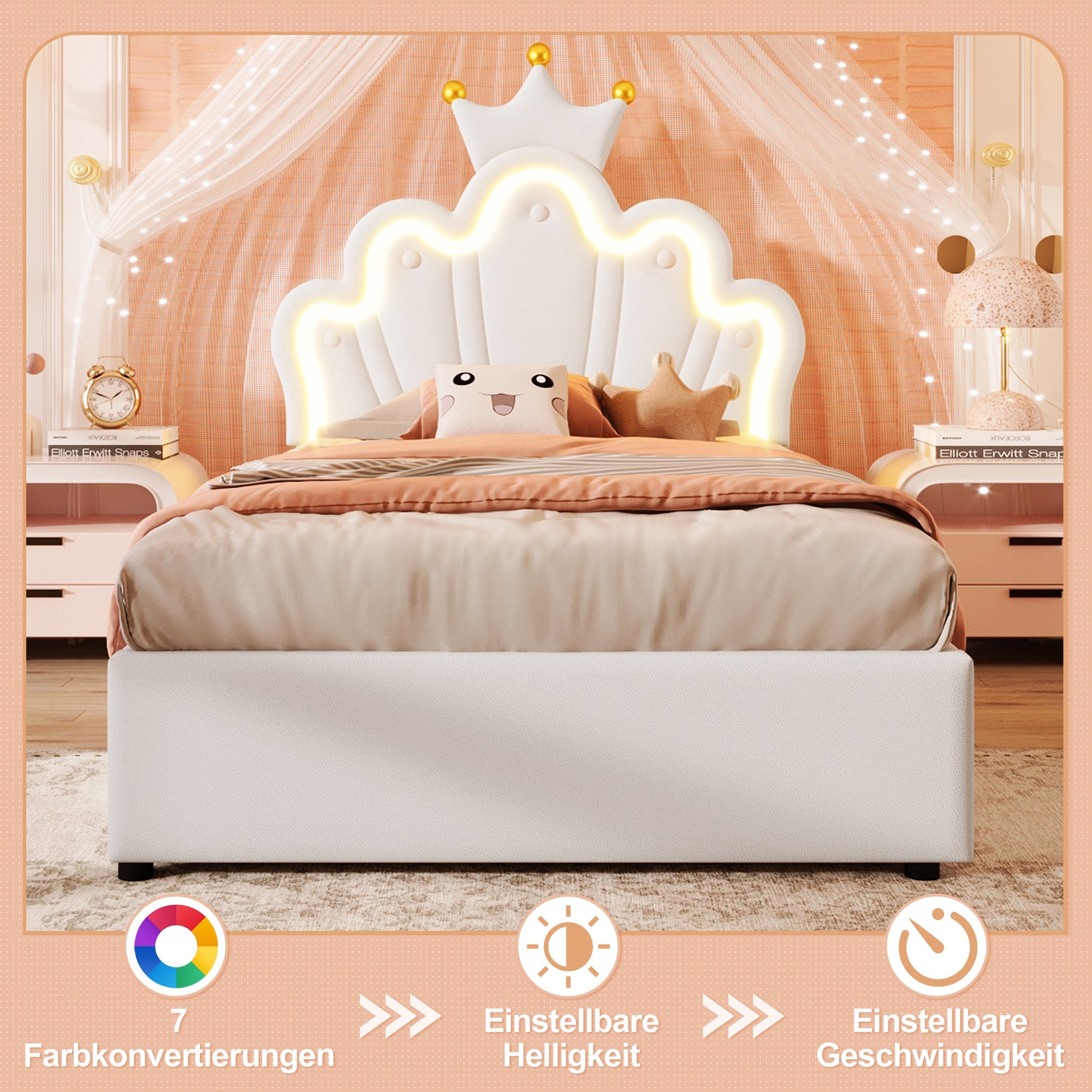 Upholstered Bed, 90 x 200 cm, LED light strip, Hydraulic lifting mechanism, Crown shape, Adjustable headboard, White PU