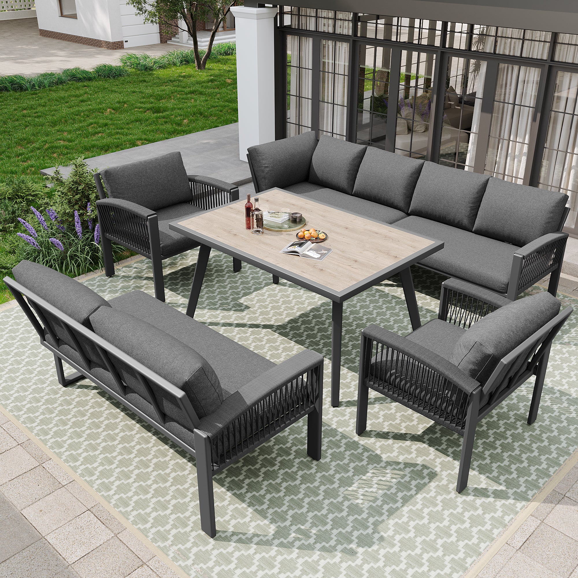 Garden Lounge Set 8-Person Rope Design Large Table Wood Grain - Grey