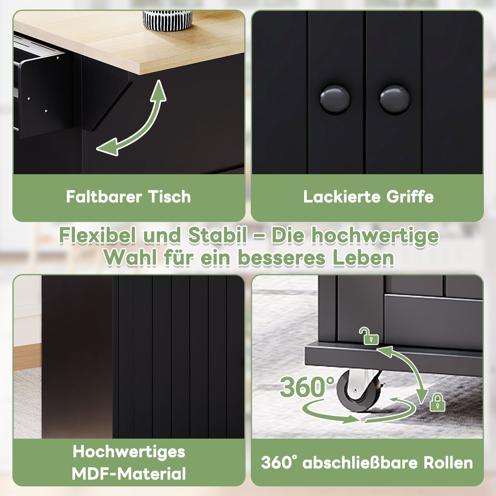 Kitchen Island Cabinet with Fold-Down Worktop, 6 Rolling Casters & Storage Drawers, Black