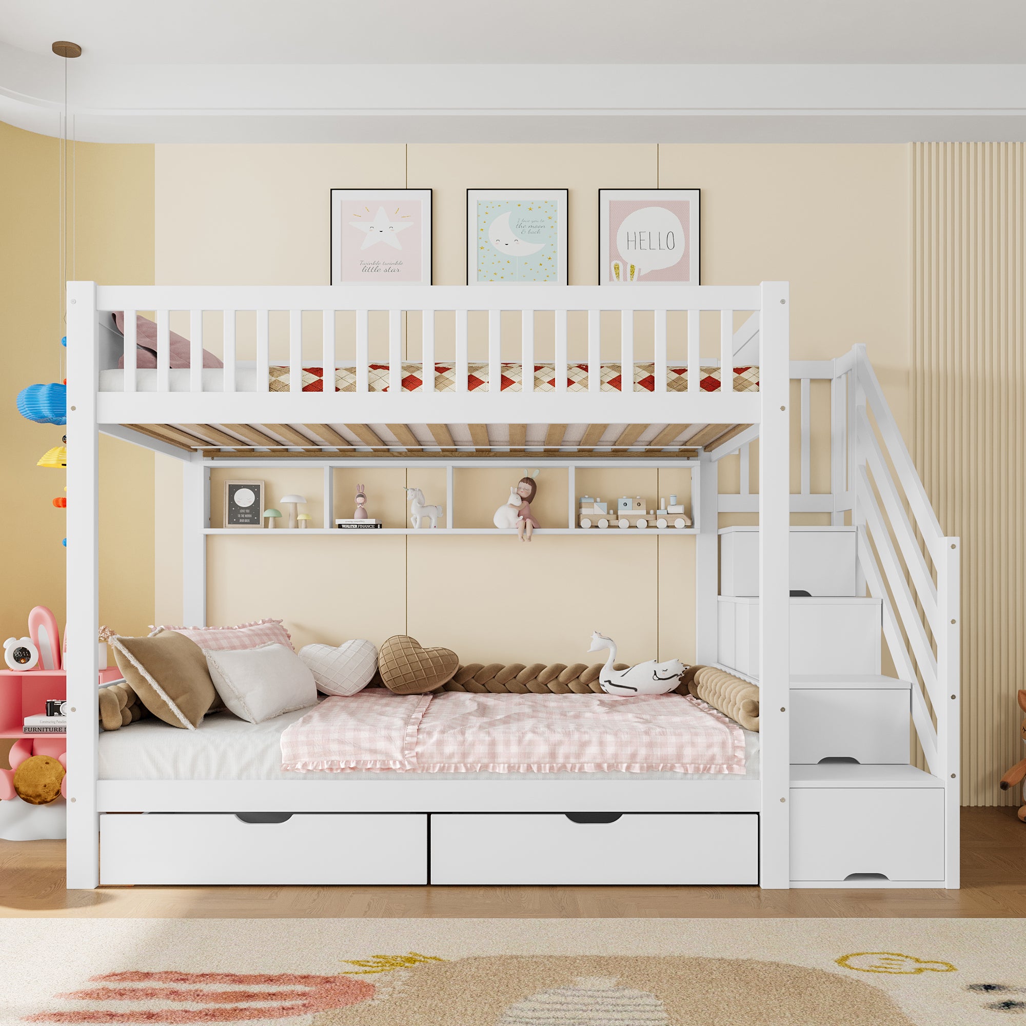 Bunk Bed with Drawer, Shelf, Wardrobe, Storage, 90x200cm, White