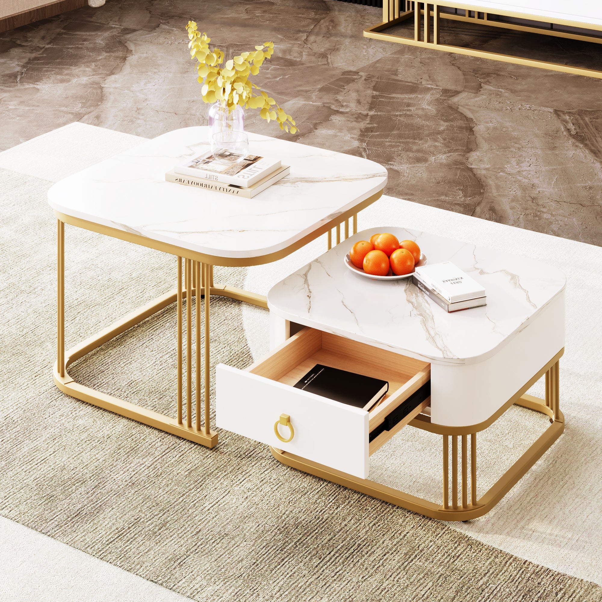 Nestable Coffee Table: High Gloss Marble Exterior, Gold Accents, Side Table with Drawer. Set of Two