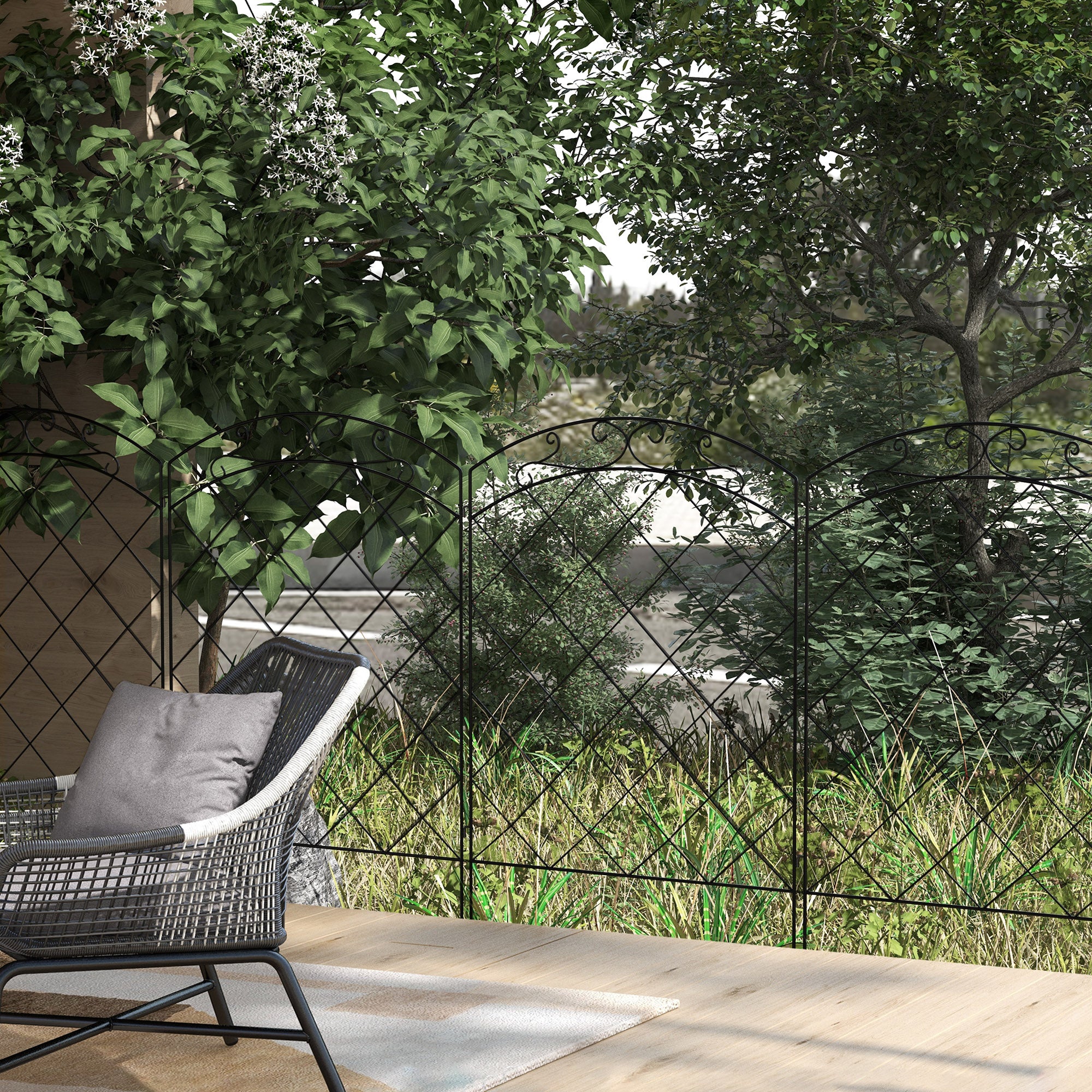 Picket Fence Panels, Decorative Swirls Outdoor Set of 4, Steel Black