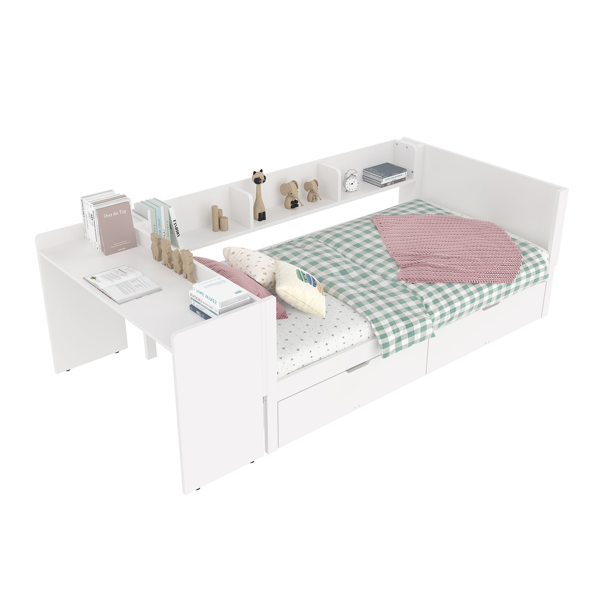 Single Bed 90x200cm Desk 2 Drawers Shelves - White Wood