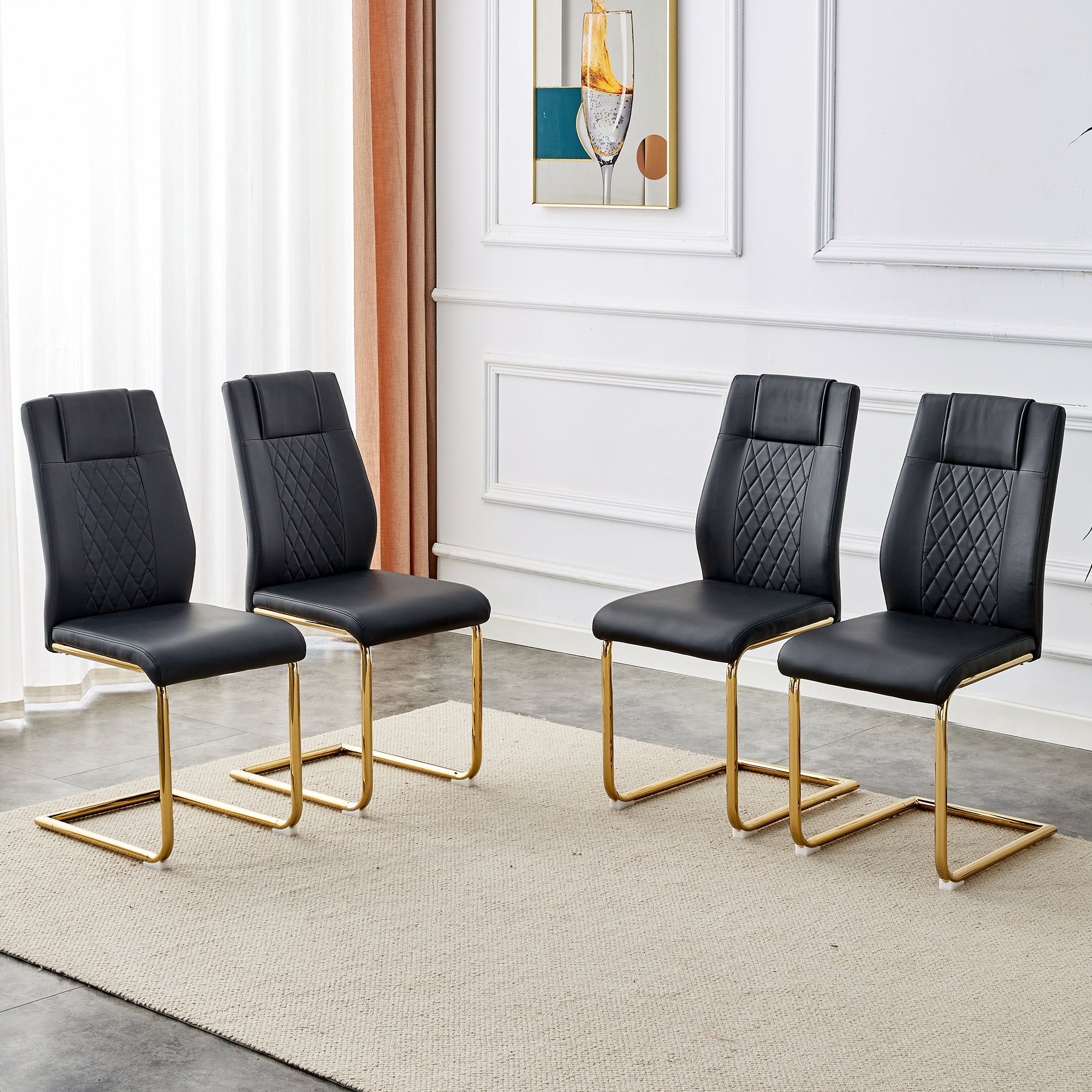Scandinavian Dining Chairs, Mesh Backrest, Gold Metal Legs, Black PU Leather
