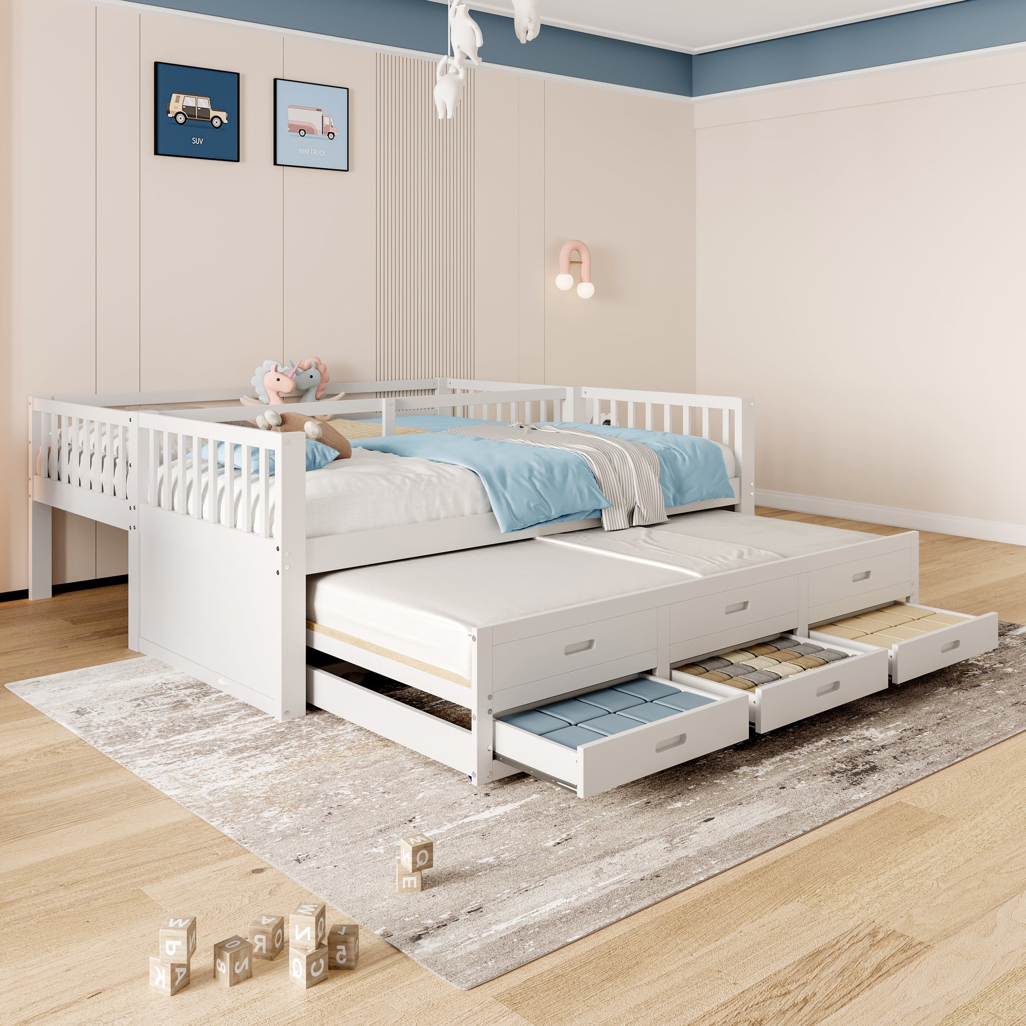 Bunk Bed 90x200cm House Bed with Ladder, Pull-Out Bed & 3 Drawers, White Pine Wood & MDF