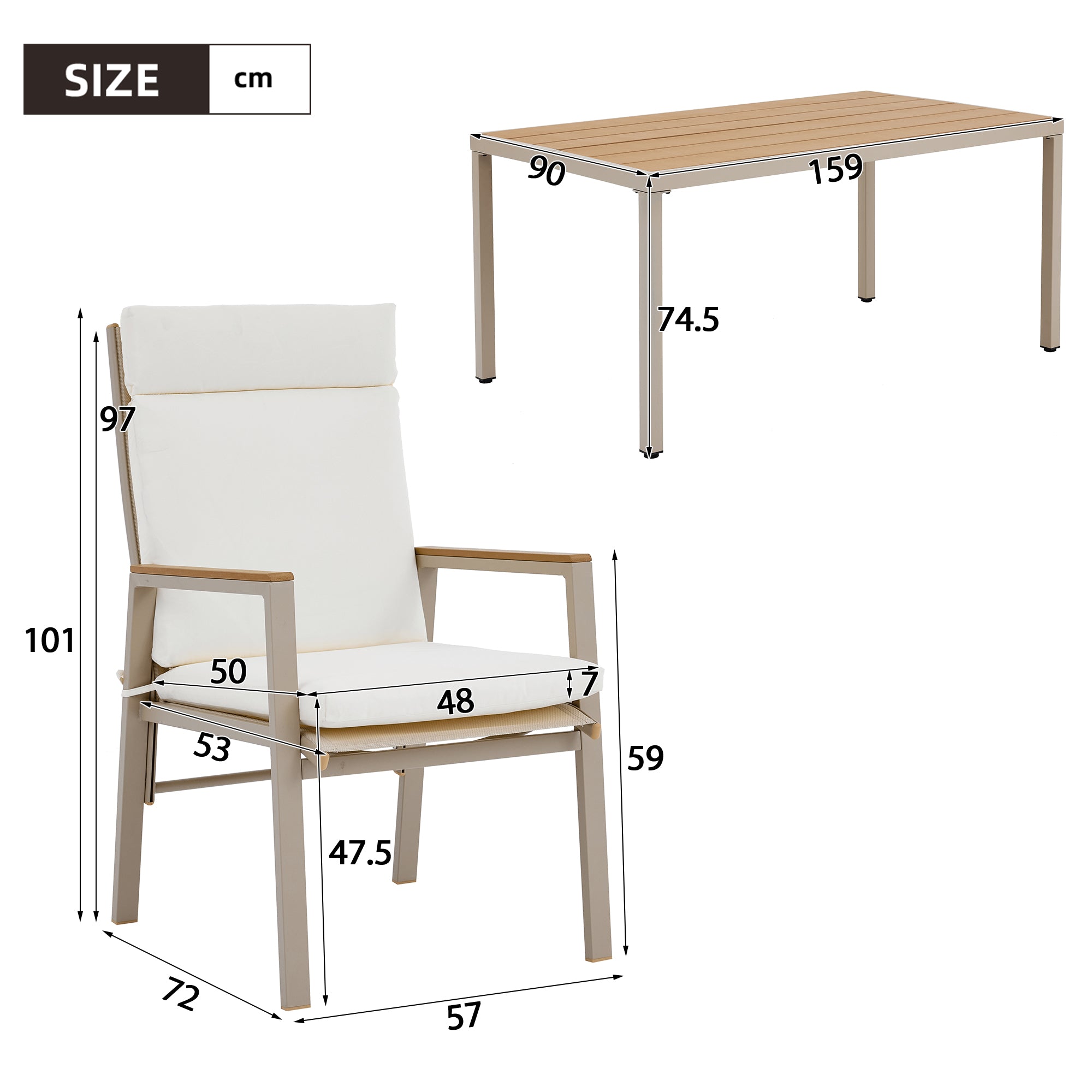 Garden Dining Set, 7-Piece Furniture Set for 6 People with 1 Table and 6 Chairs, Galvanized Iron and Plastic Wood, Khaki and Beige