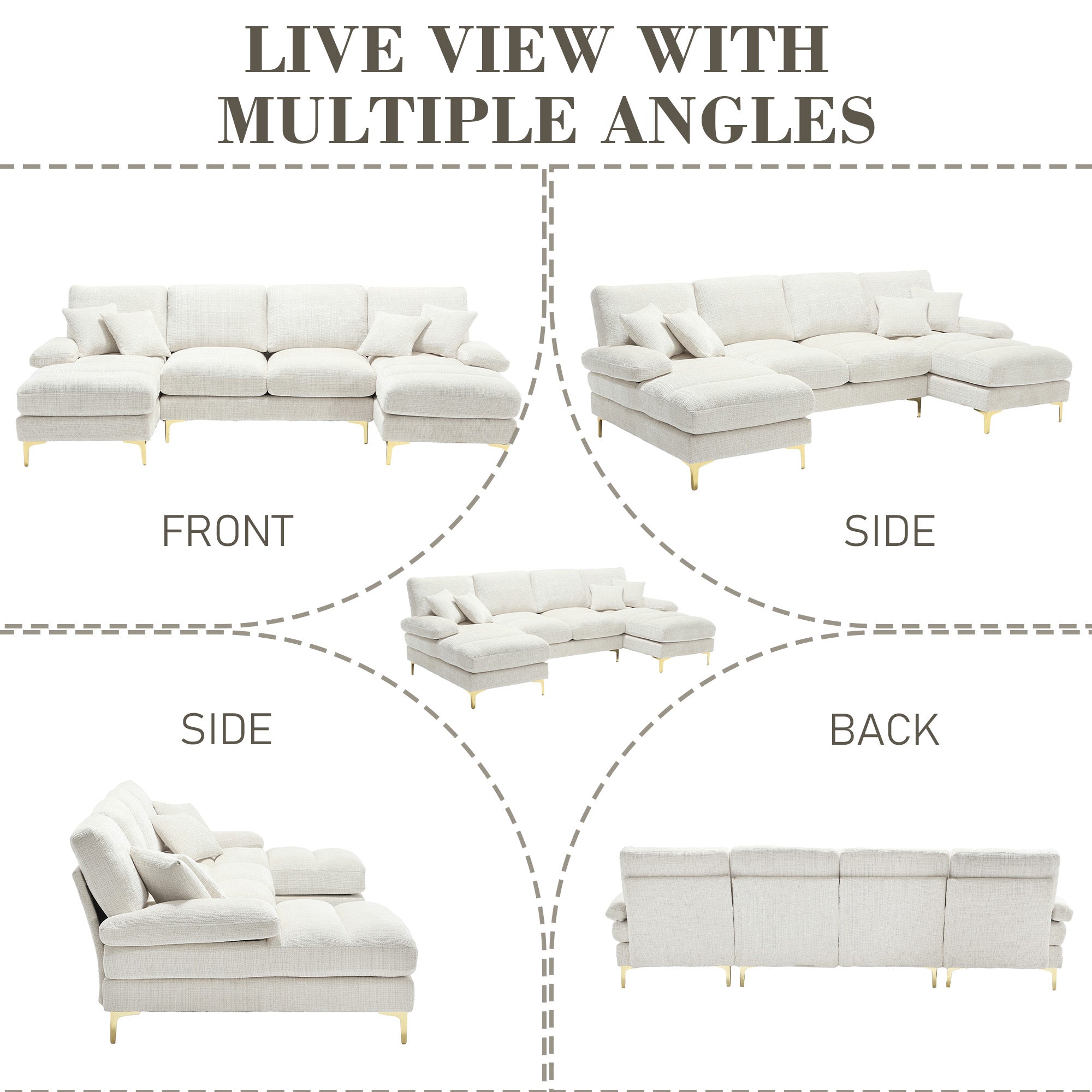 Sectional Couches for Living Room U-Shaped Modular Sofa with Double Chaise Chenille Fabric