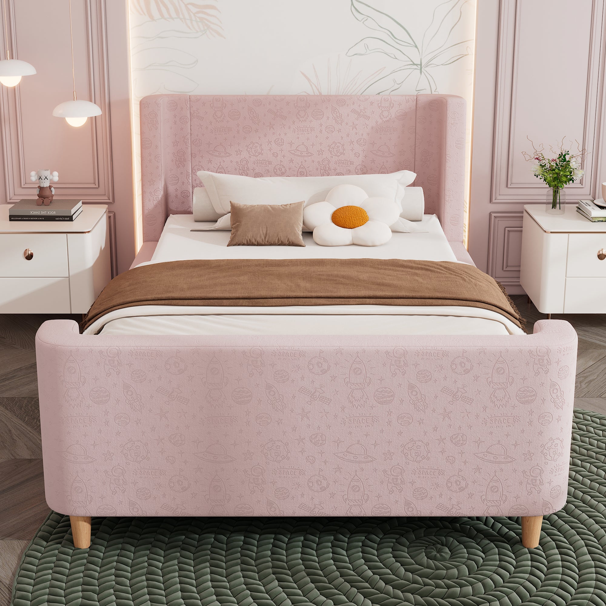 Children's Bed Upholstered Sleigh Bed, Cosmic Pattern, 90x200cm, Pink Velvet