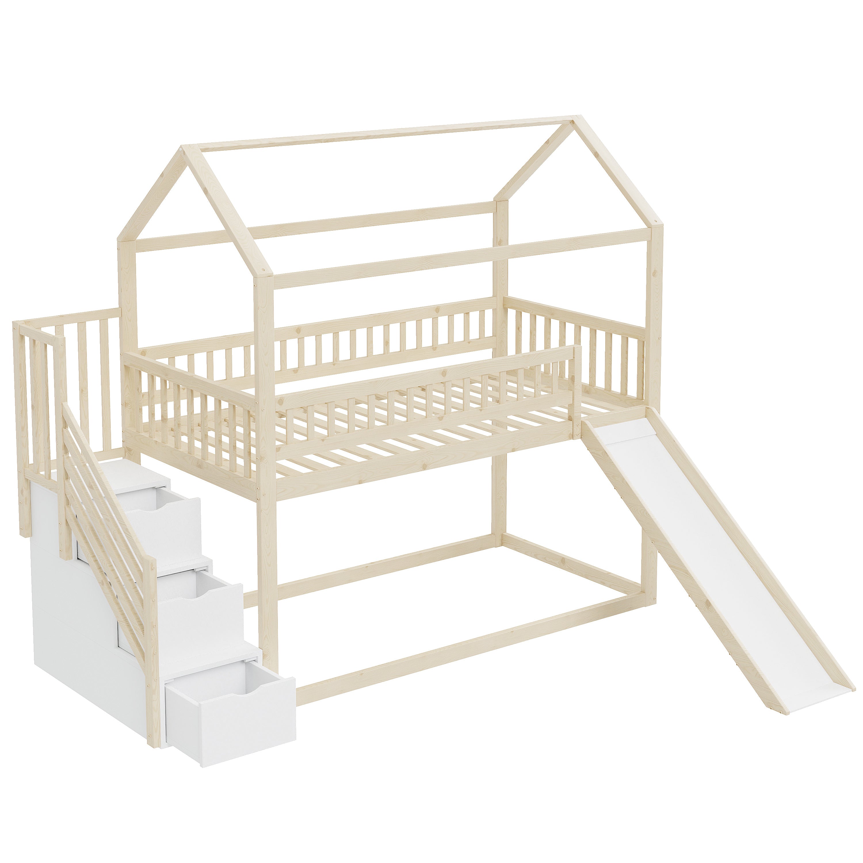 Children's Bunk Bed 90x200cm, Loft with Slide & Storage Ladder, Solid Wood