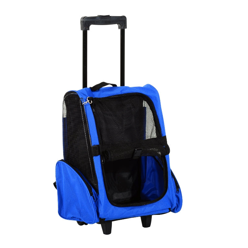 Portable Pet Carrier Backpack with Trolley, Telescopic Handle, Stroller Wheels, Blue