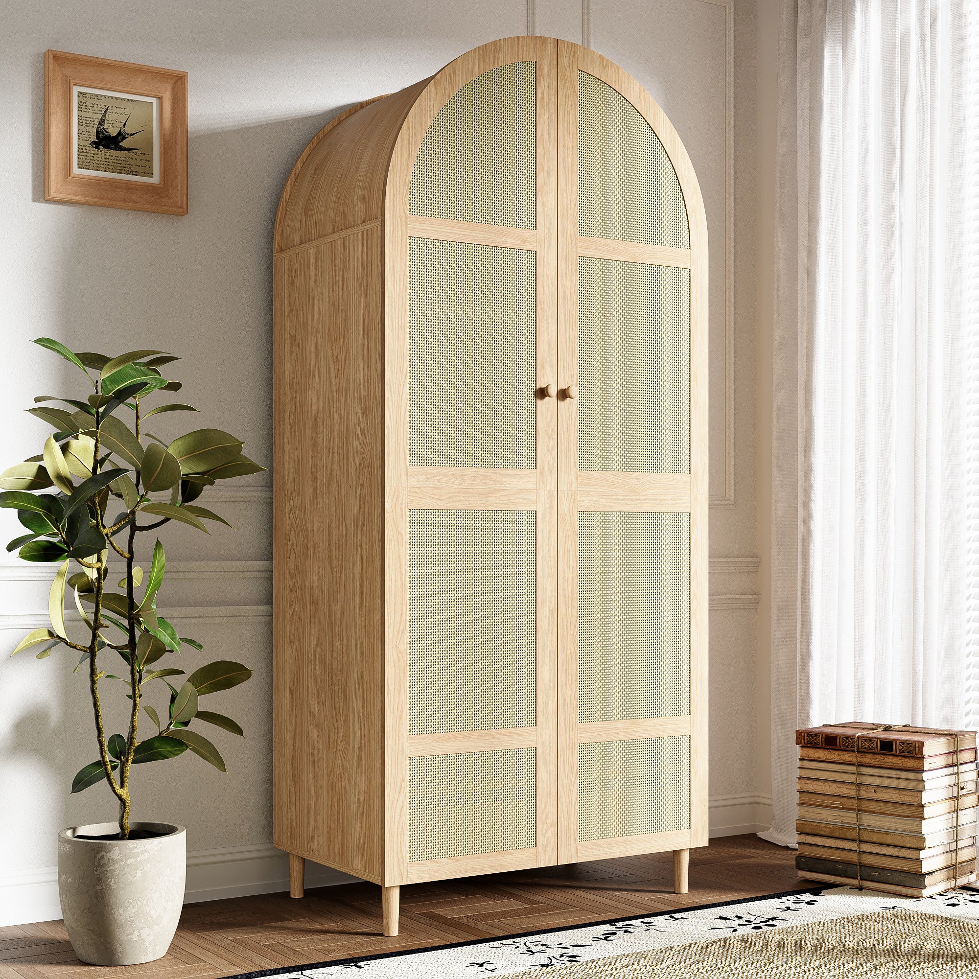 Modern Wardrobe with Curved Doors, Clothes Rail & Drawers, Natural Wood
