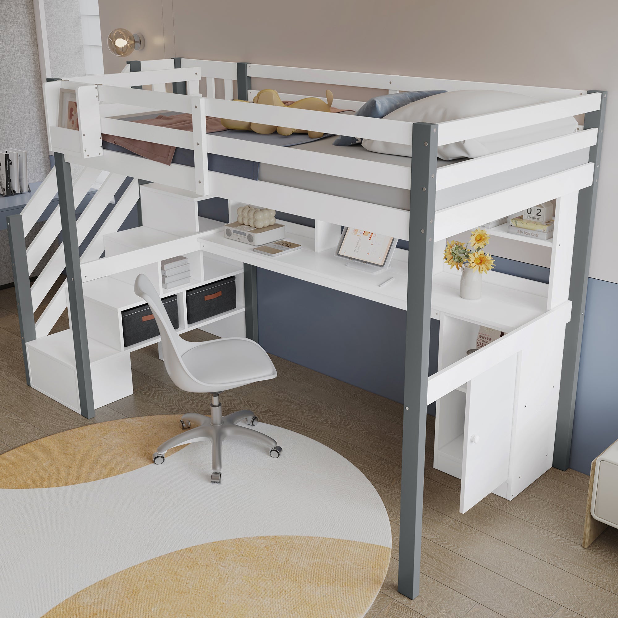 Mid-height bed, fabric storage box, side ladder, open shelf, desk and lockers, Pine+MDF, White+Grey