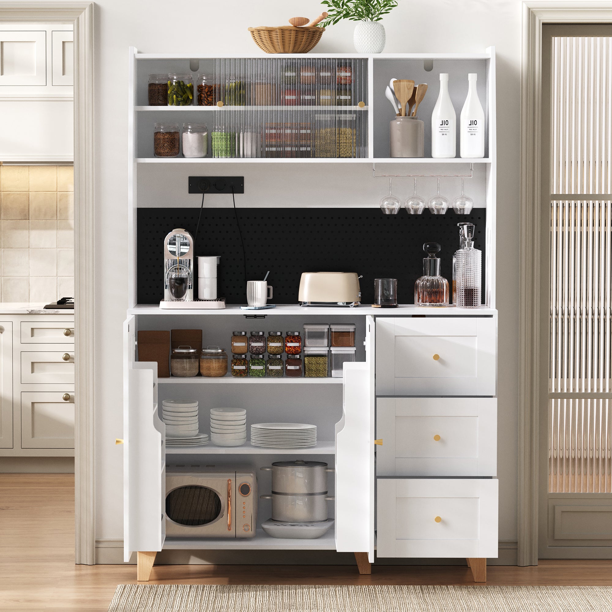 Tall Cabinet Pegboard Wine Glass Holders Sockets Storage Drawers - White