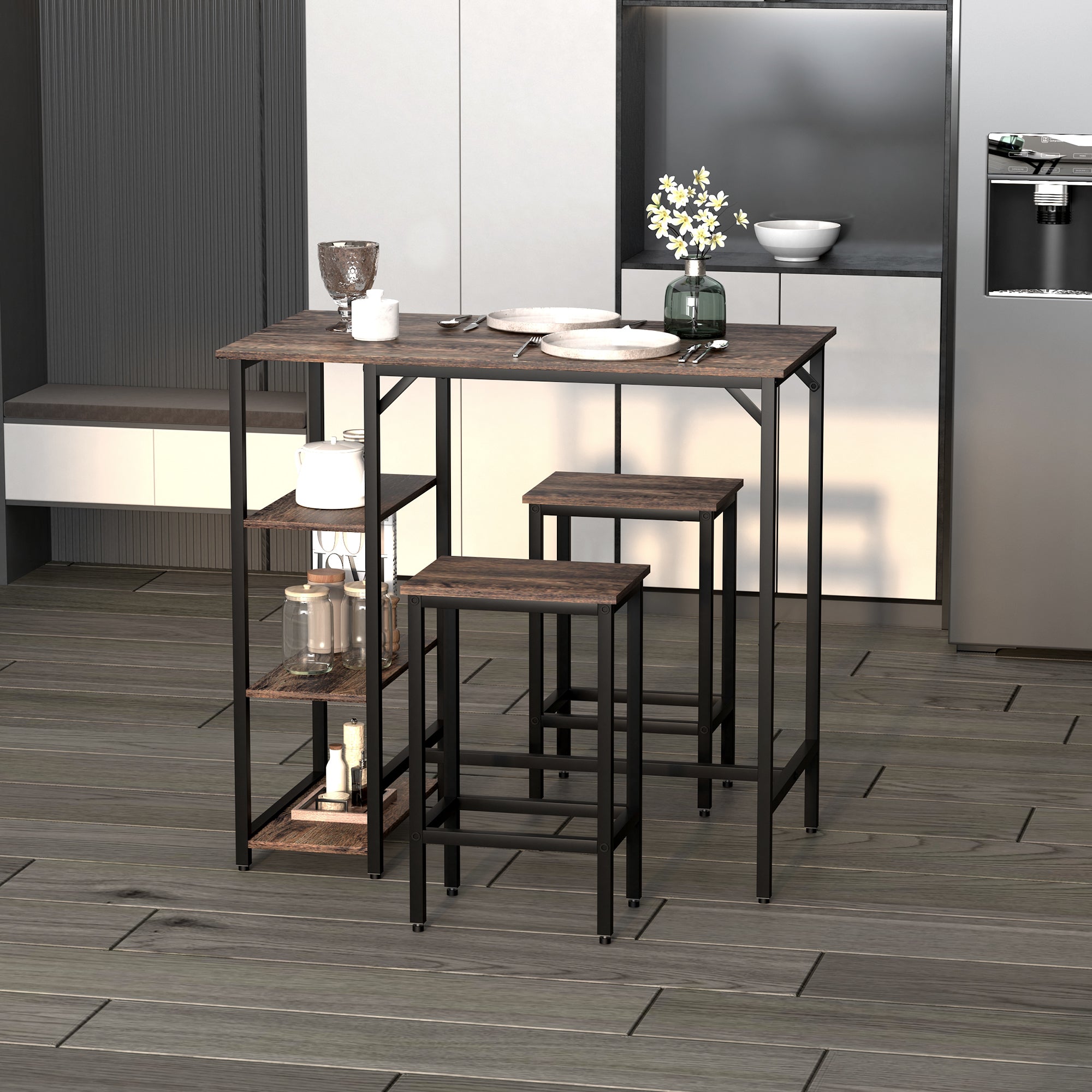 Industrial Bar Height Dining Table Set with 2 Stools & Side Shelf, 3 Pieces, Rustic Brown Engineered Wood