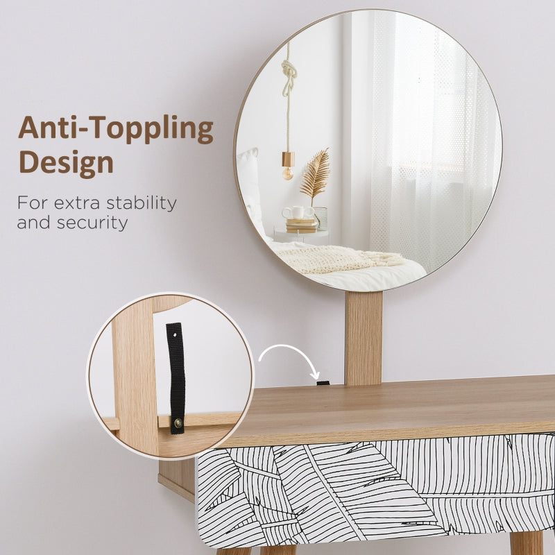 Dressing Table with Adjustable Mirror and Drawer, Wooden Oak Color