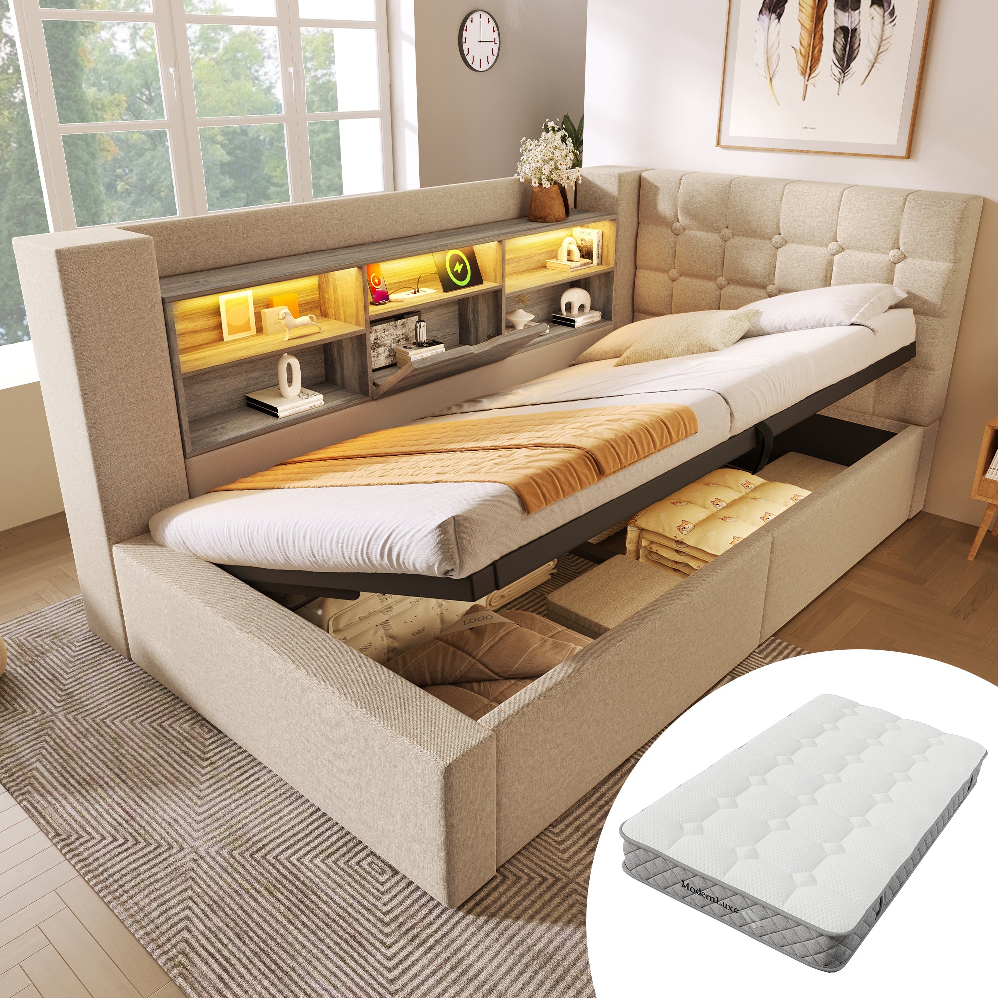 Upholstered Single Bed 90x200cm LED Hydraulic Storage L-Shaped Headboard - Linen Beige (With Mattress)
