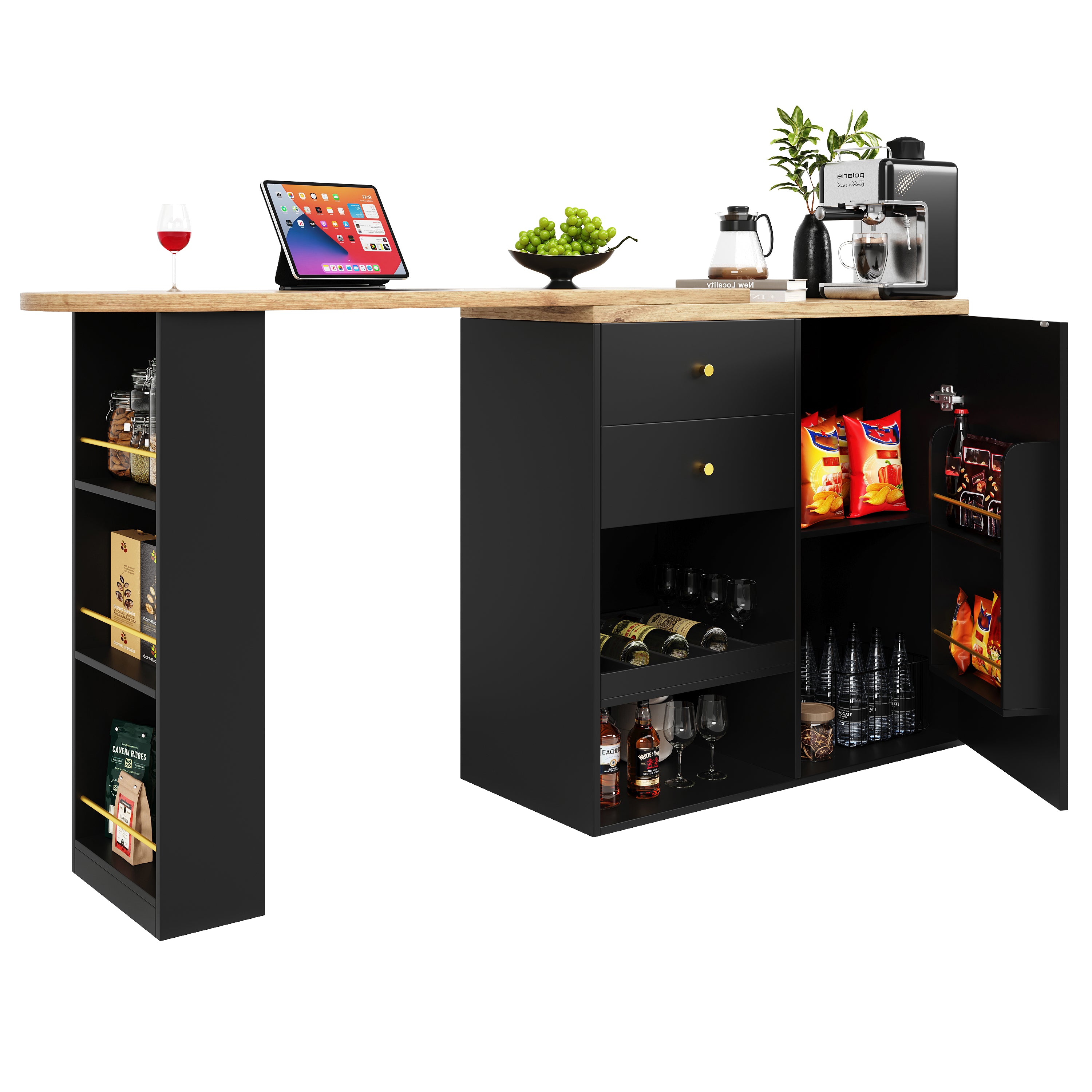 Rotating Bar Table Multifunctional Storage with 2 Drawers and Sliding Door Cabinet