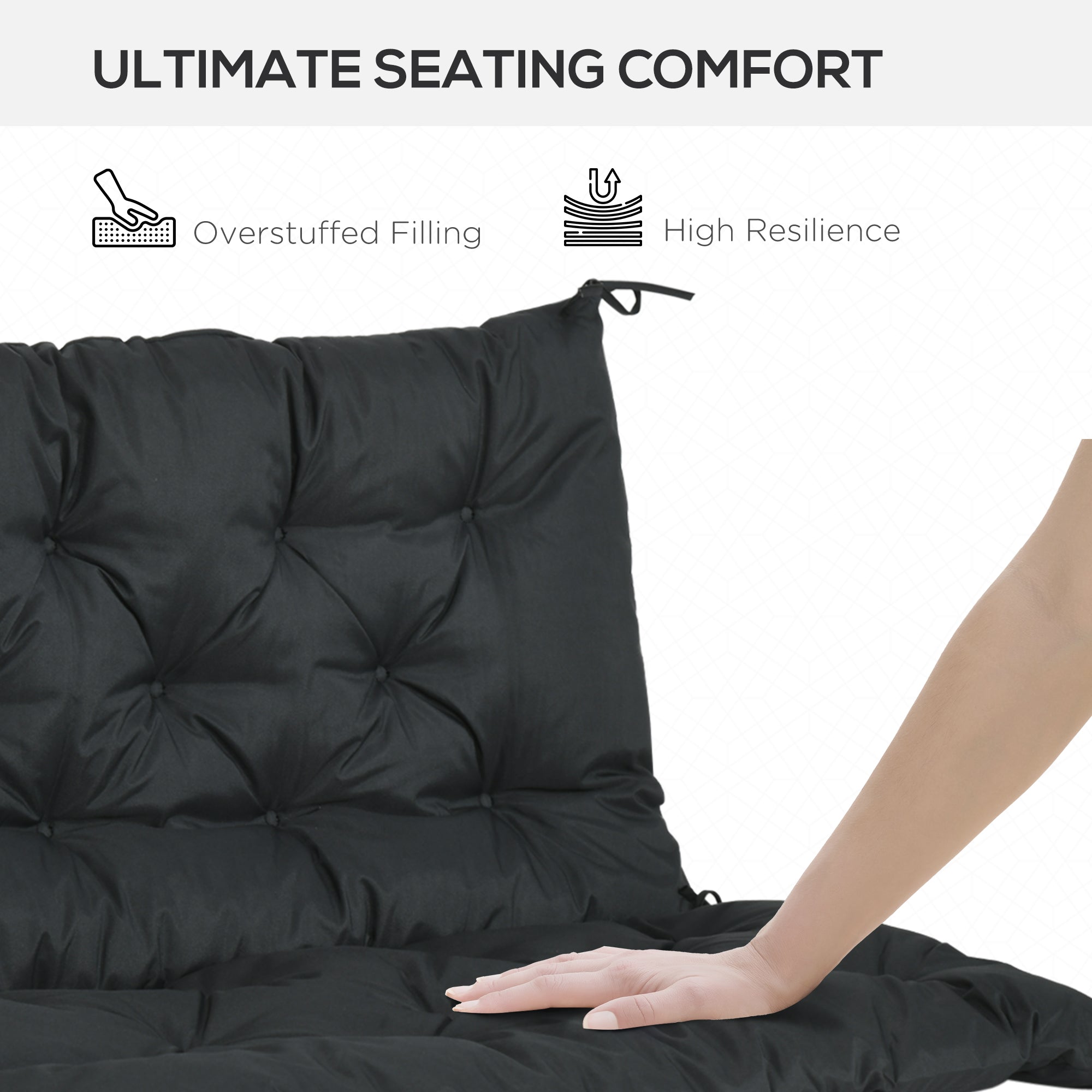 2 Seater Bench Pad, Garden Chair Cushion with Back and Ties 98 x 100 cm, Black