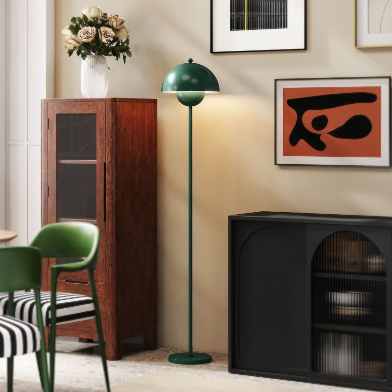 Floor lamp with round shade, reflective light, foot switch, steel stand, green