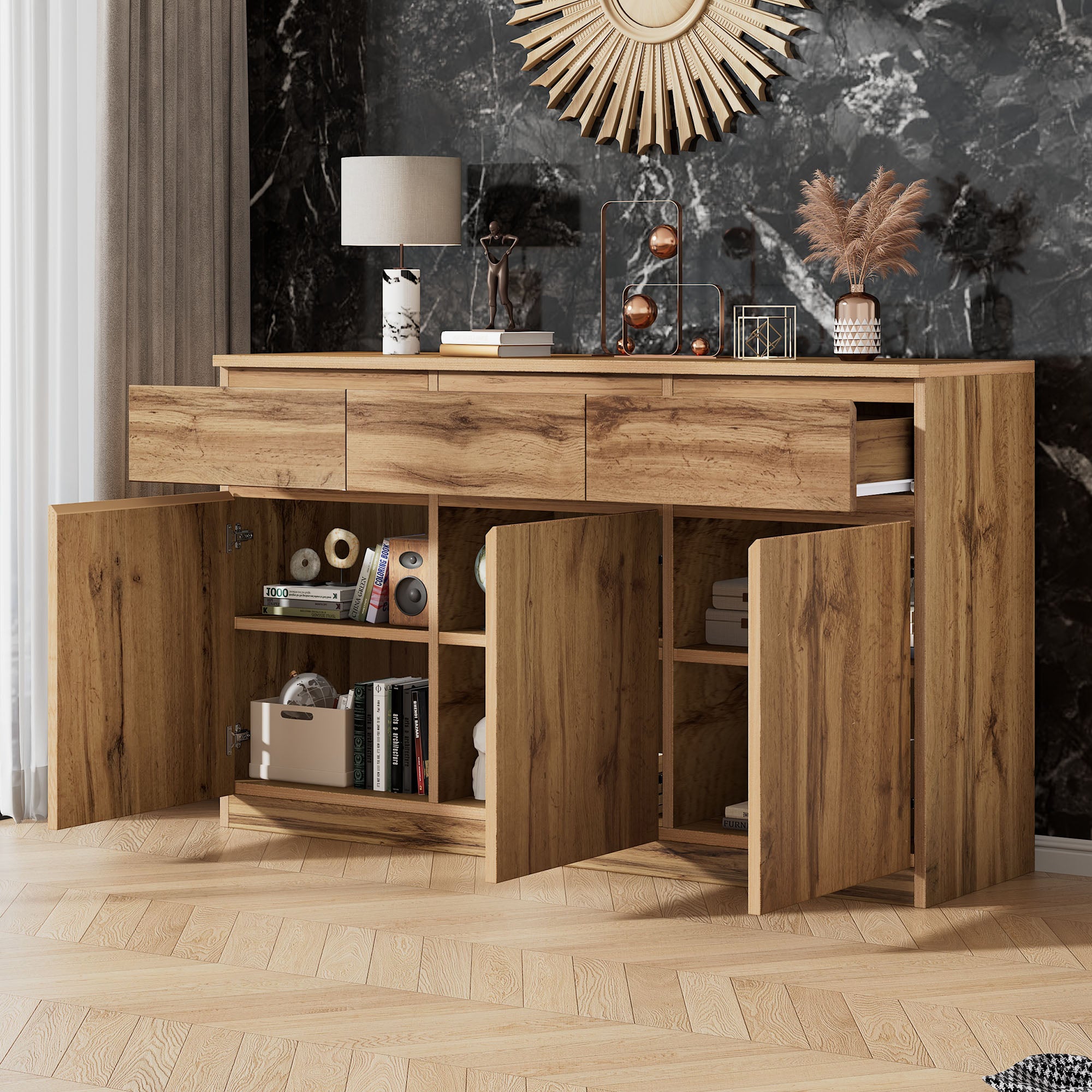 Multifunctional Sideboard, 3 Doors 3 Drawers Cabinet, Authentic Wood Look