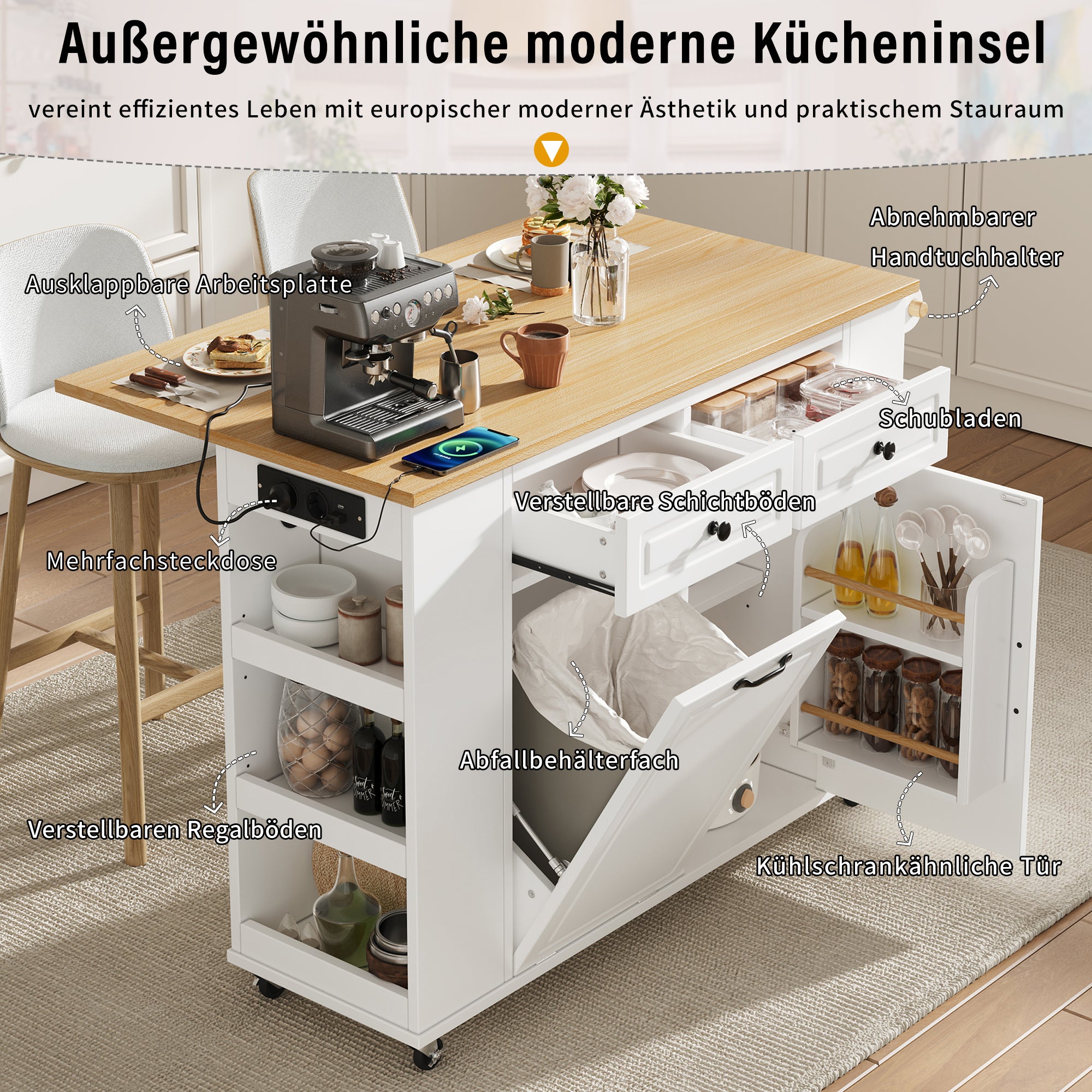 Kitchen Island Mobile Extendable Dining Table Waste Bin Towel Rack Power Strips - White