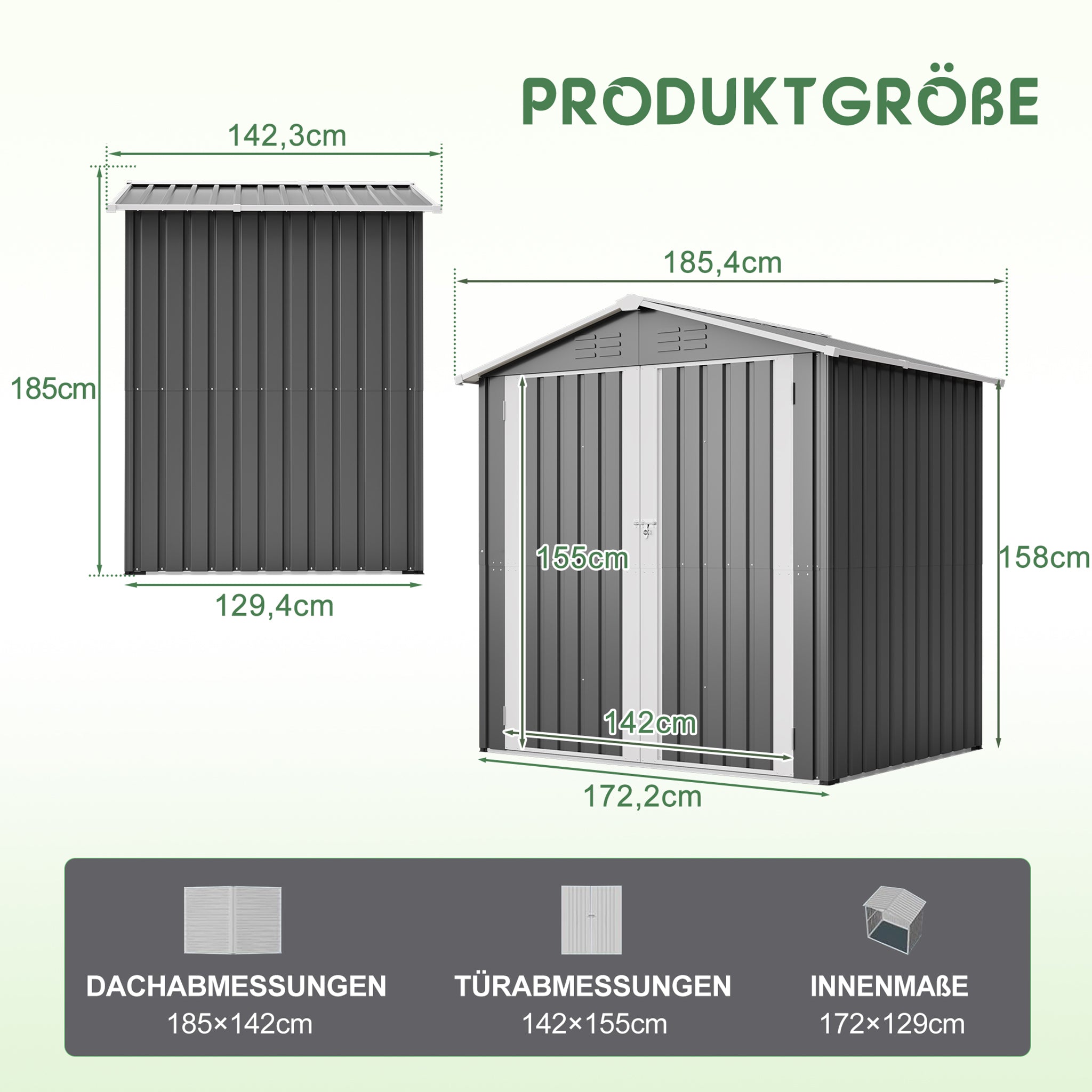 Metal Garden Shed 142x185cm, Lockable Door, Weatherproof, Grey
