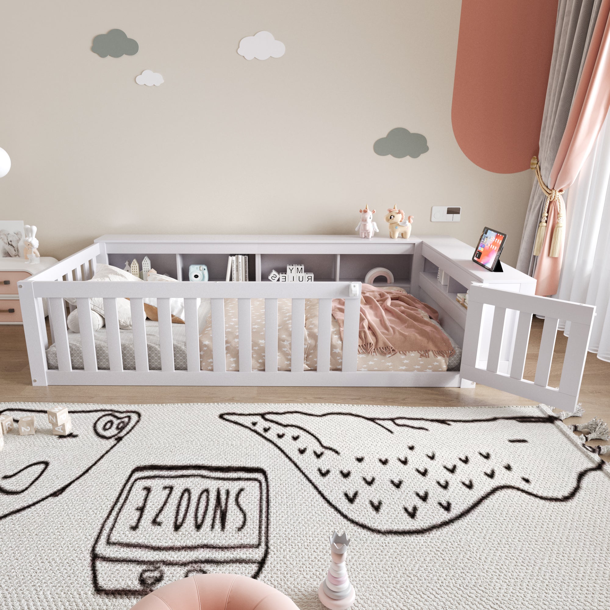 Multifunctional Children's Bed 90 x 200 cm, Storage, Safety Gate, Solid Wood, White