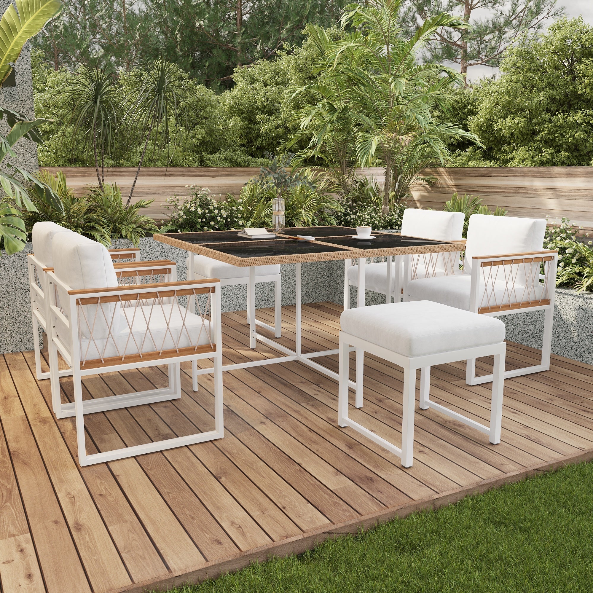 7-Piece Garden Furniture Set 6-Seater Tempered Glass WPC - Outdoor